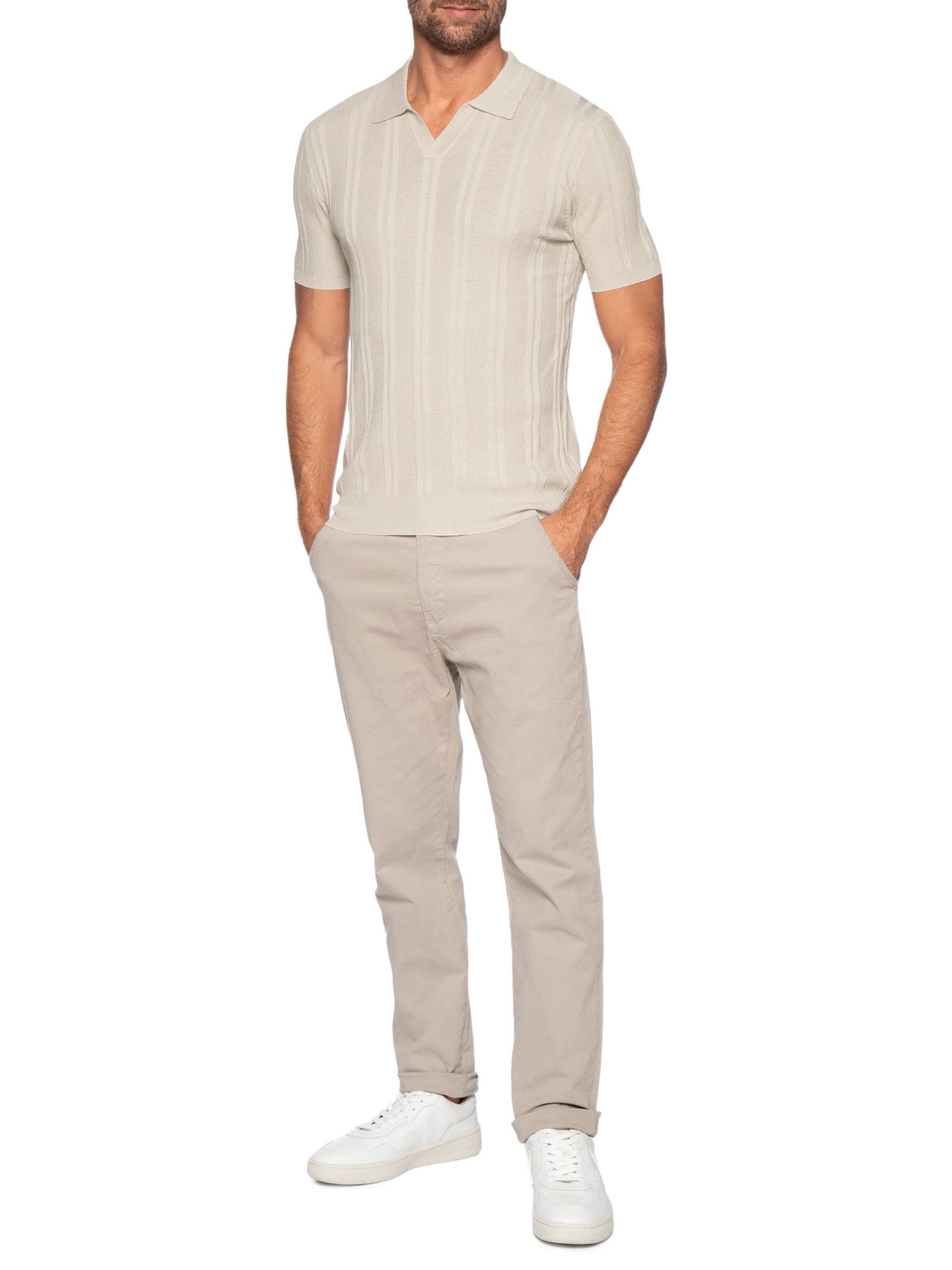 Polo Masculina Em Tricot Com Gola Colômbia  Bege Basiq Men