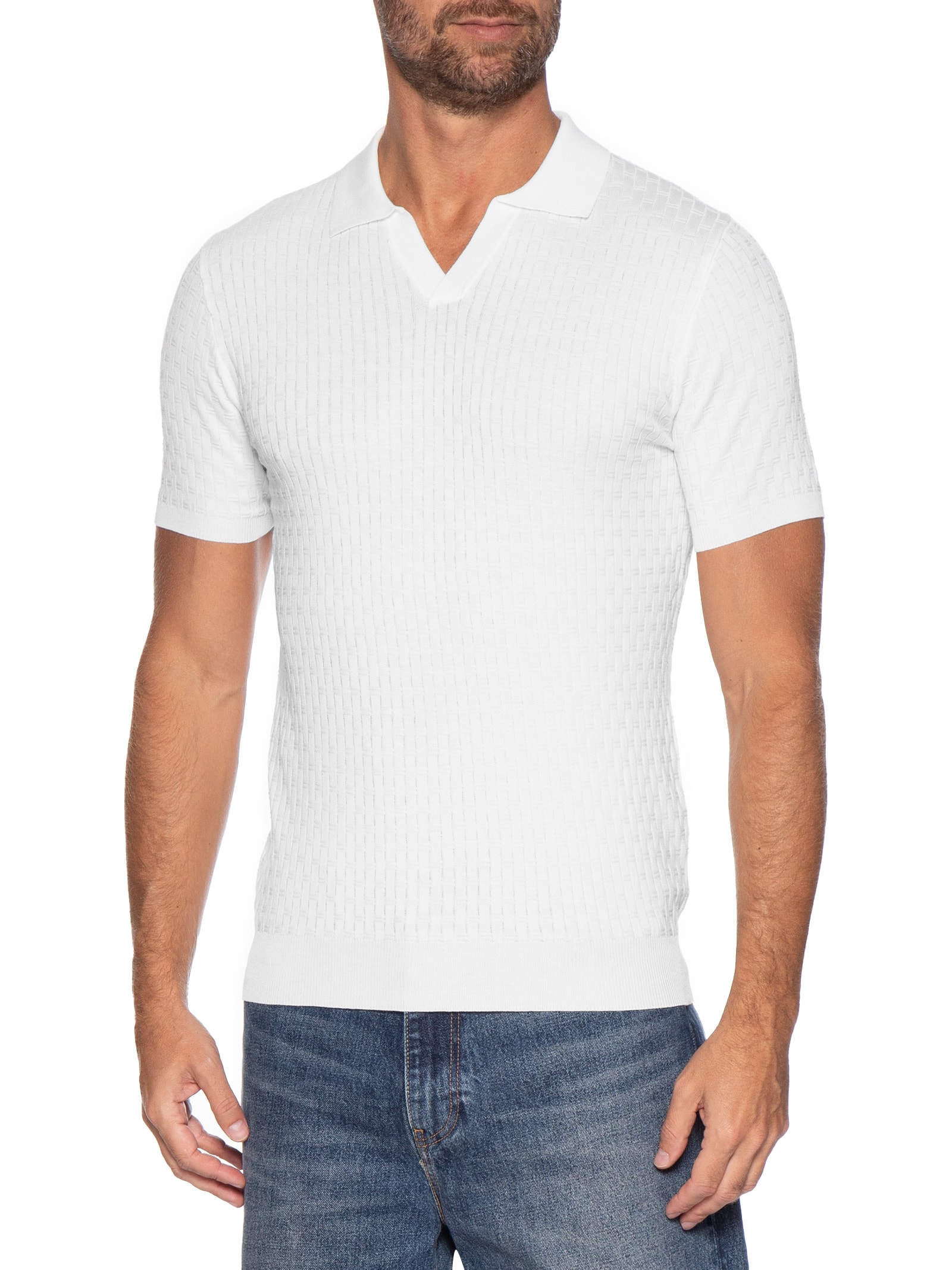 Polo Masculina Em Tricot Com Gola Colômbia  Branco Basiq Men