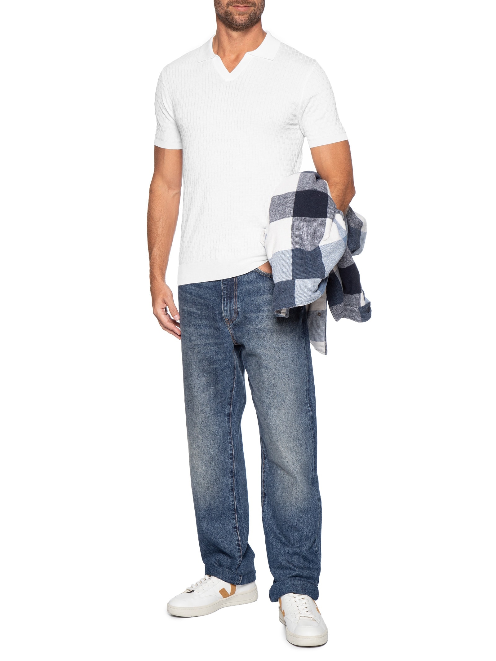 Polo Masculina Em Tricot Com Gola Colômbia  Branco Basiq Men