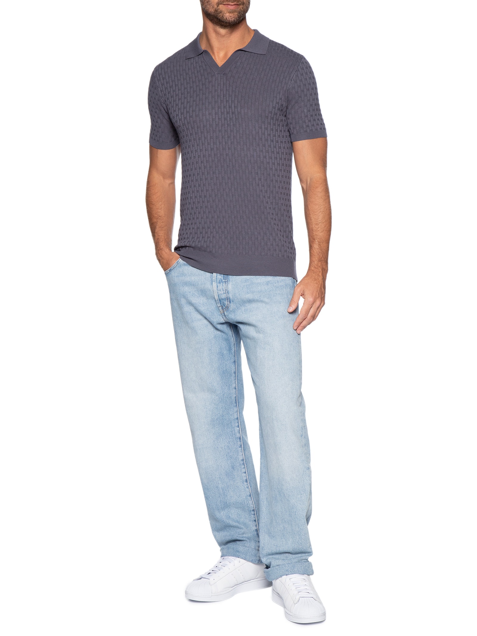 Polo Masculina Em Tricot Com Gola Colômbia  Cinza Basiq Men