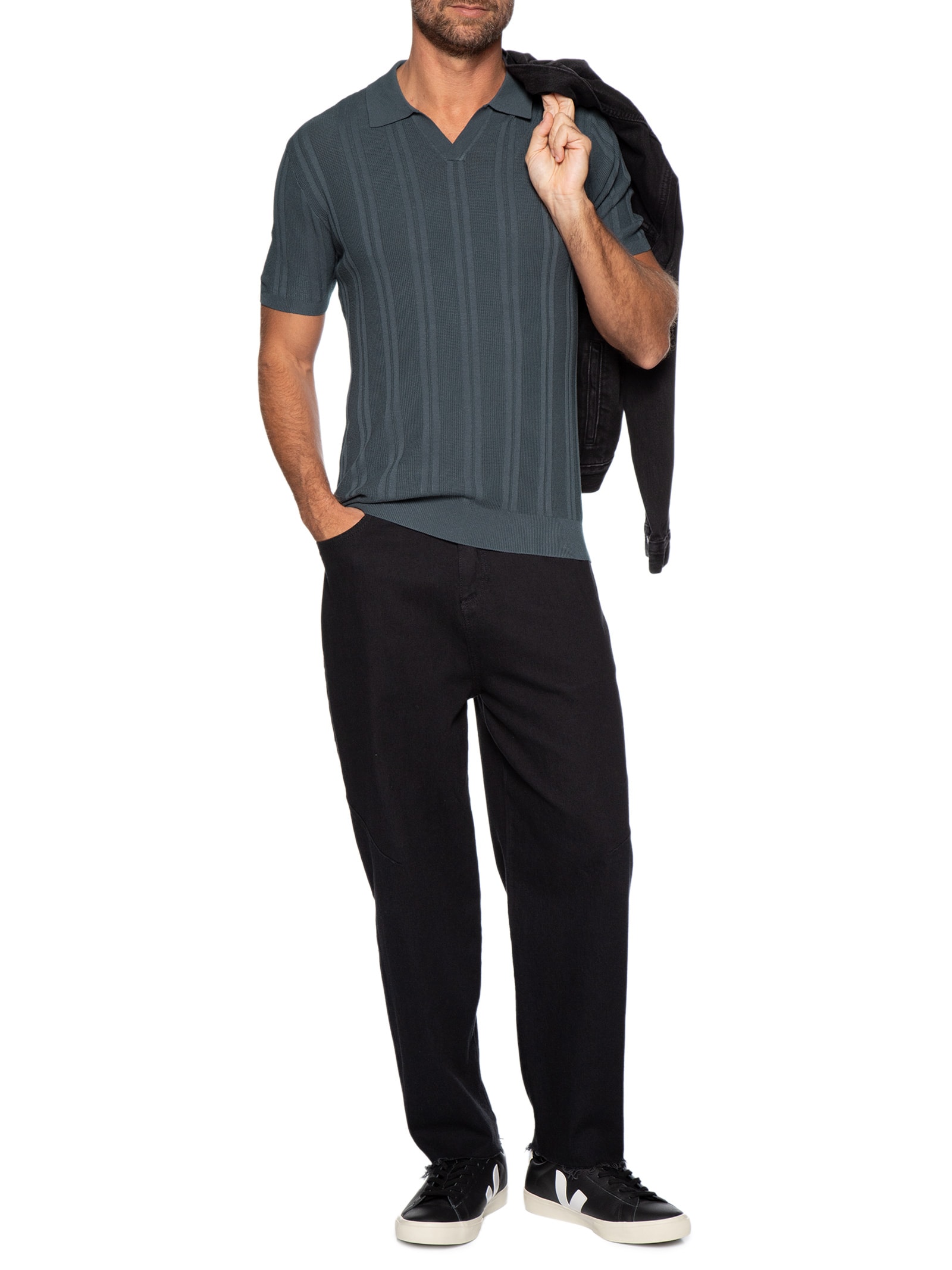 Polo Masculina Em Tricot Com Gola Colômbia  Cinza Basiq Men