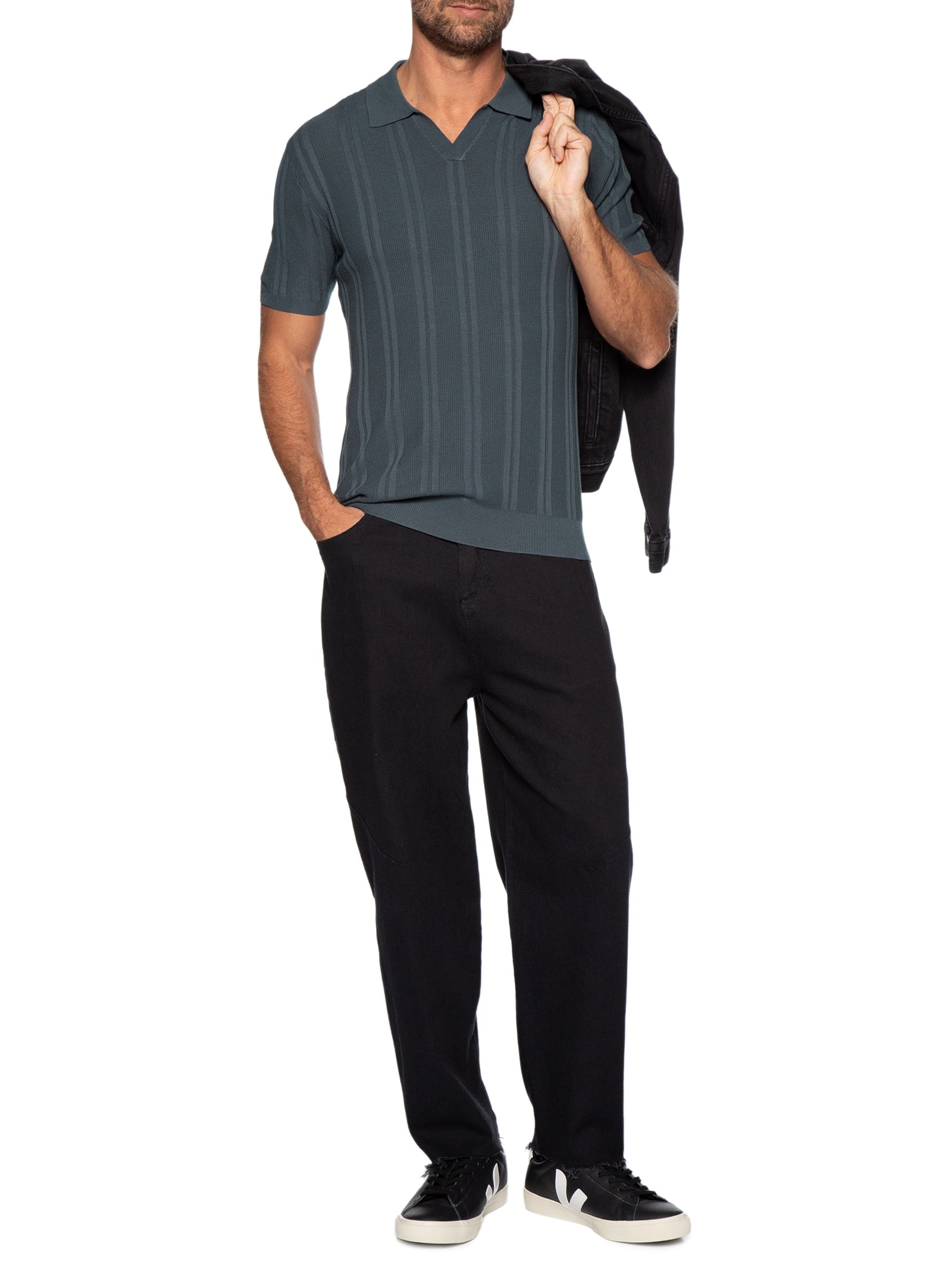 Polo Masculina Em Tricot Com Gola Colômbia  Cinza Basiq Men