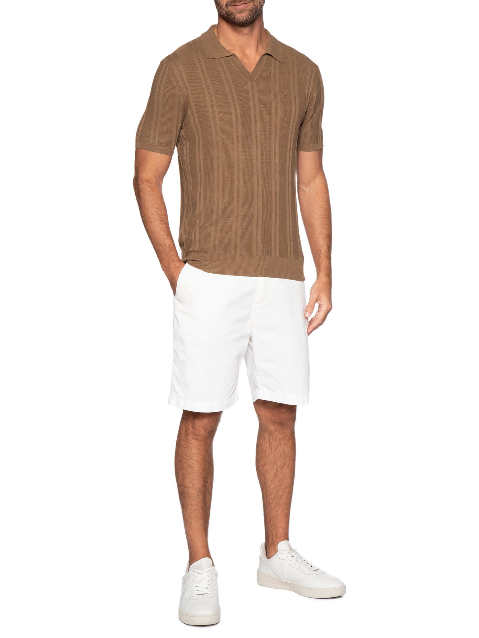 Polo Masculina Em Tricot Com Gola Colômbia  Marrom Basiq Men