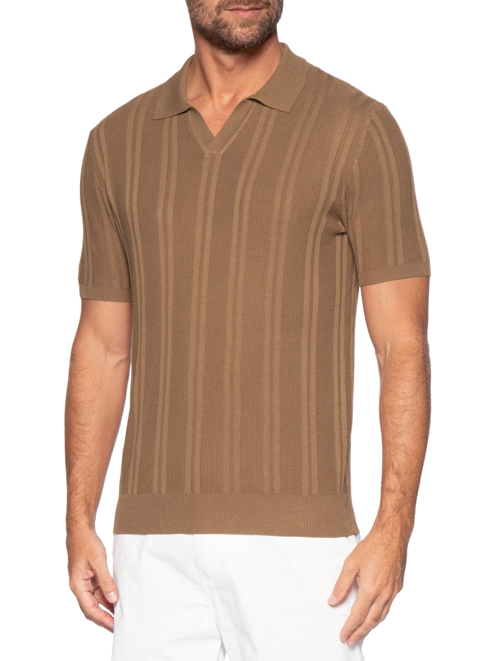 Polo Masculina Em Tricot Com Gola Colômbia  Marrom Basiq Men