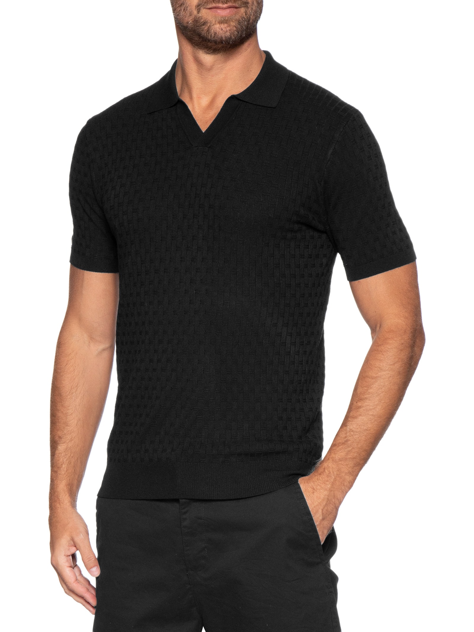 Polo Masculina Em Tricot Com Gola Colômbia  Preto Basiq Men