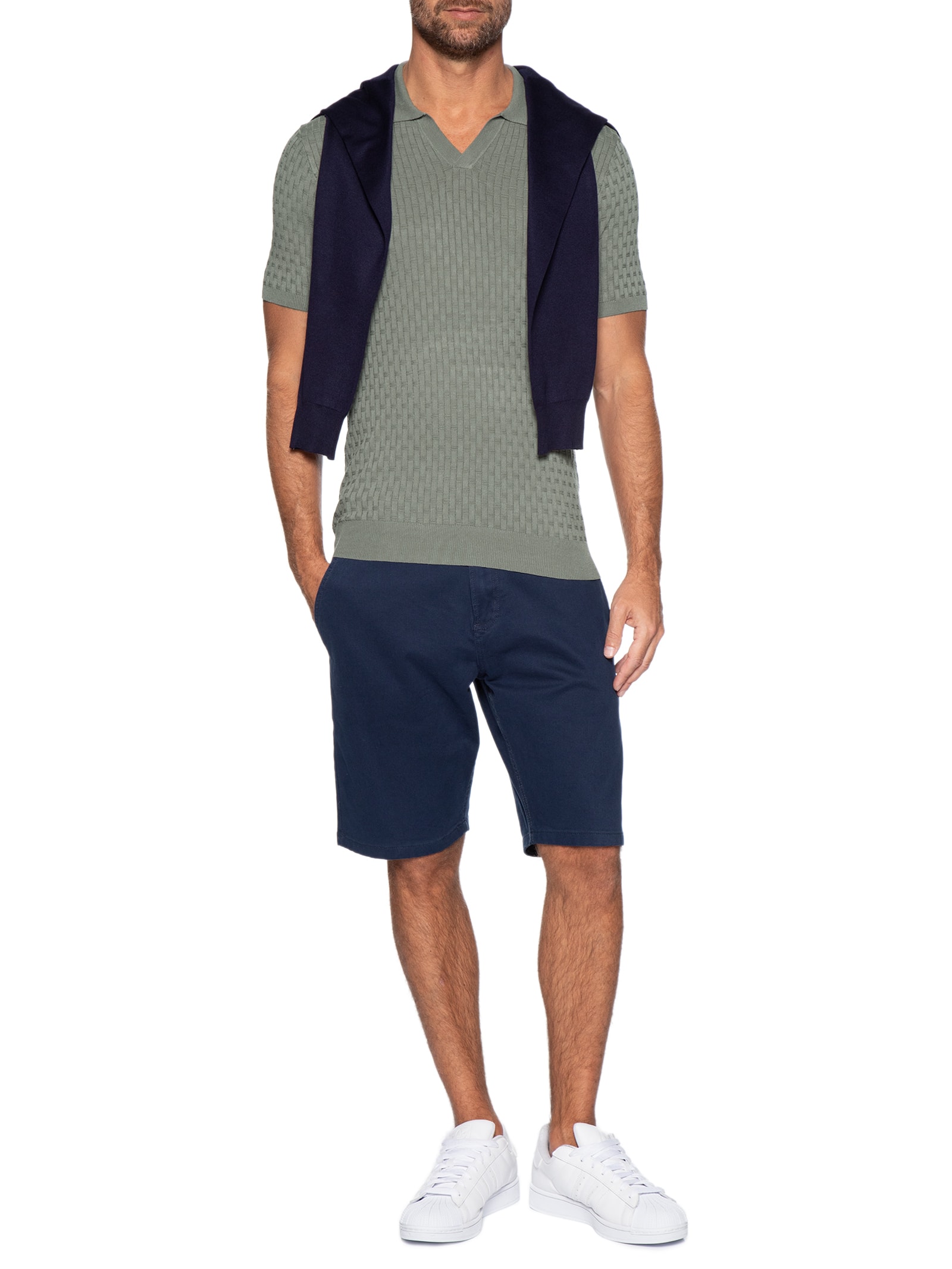 Polo Masculina Em Tricot Com Gola Colômbia  Verde Basiq Men