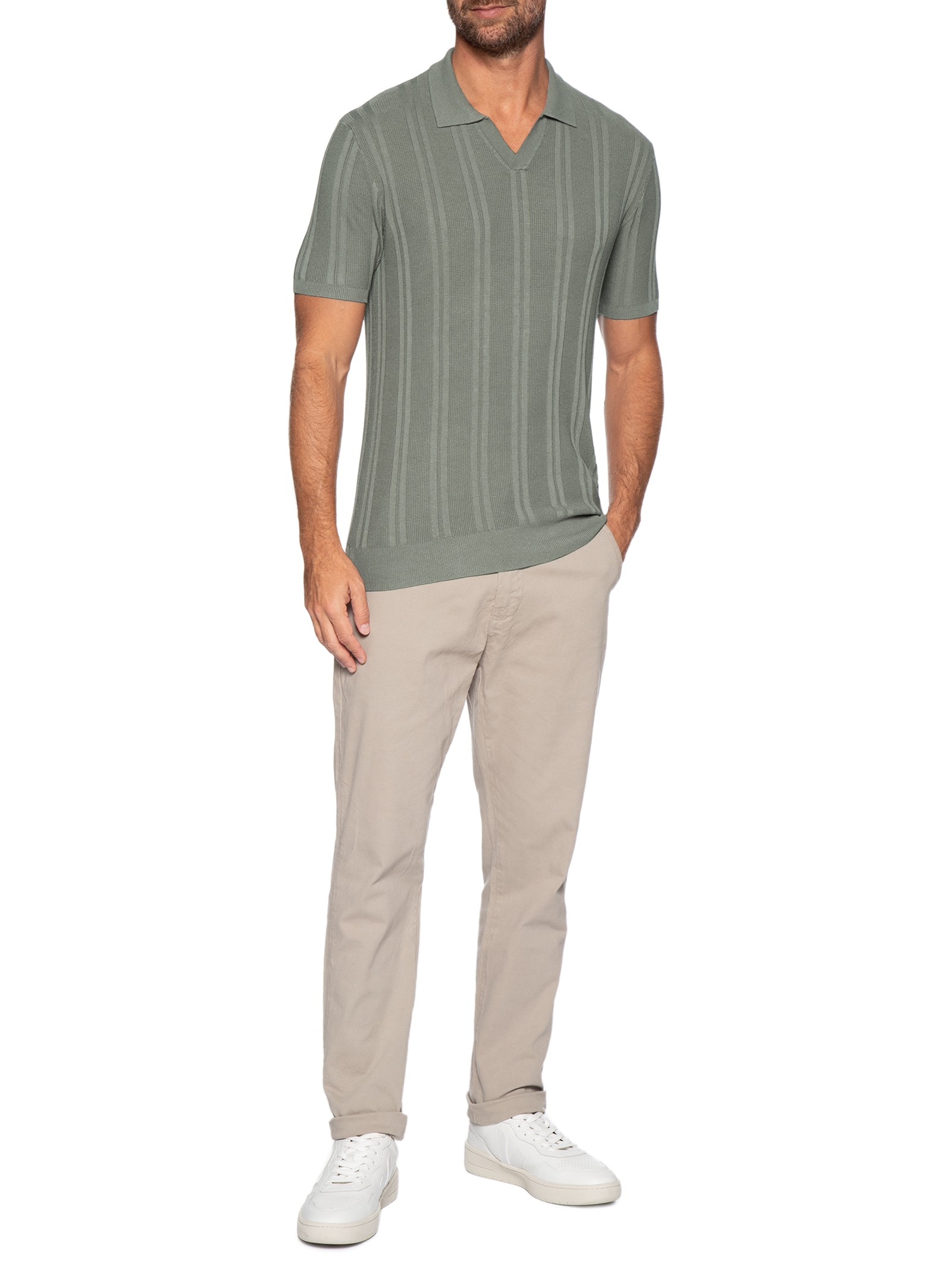 Polo Masculina Em Tricot Com Gola Colômbia  Verde Basiq Men