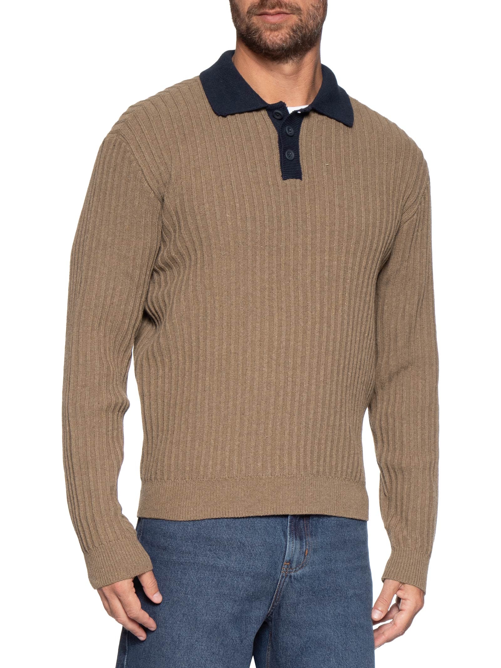 Polo Masculina Em Tricot Com Manga Longa Marrom Hering