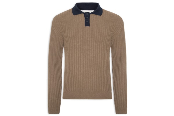 Polo Masculina Em Tricot Com Manga Longa - Marrom