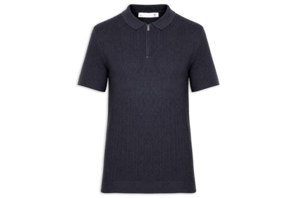 Polo Masculina Em Tricot Com Meio Zíper - Azul