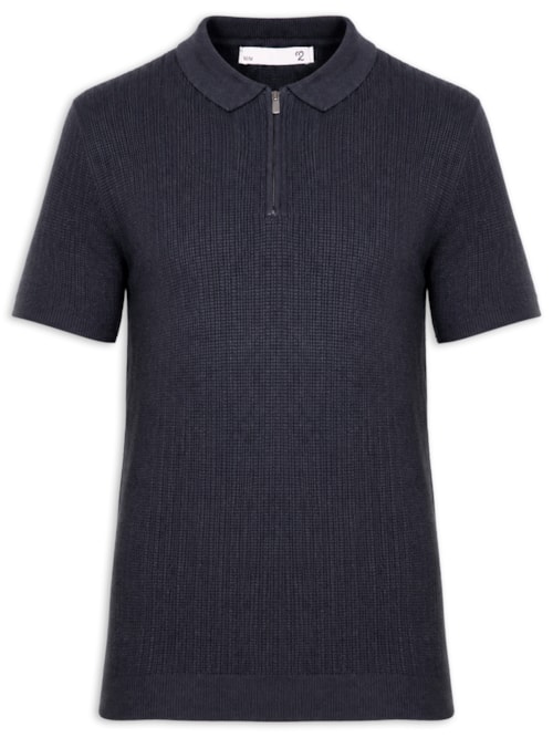 Polo Masculina Em Tricot Com Meio Zíper - Azul