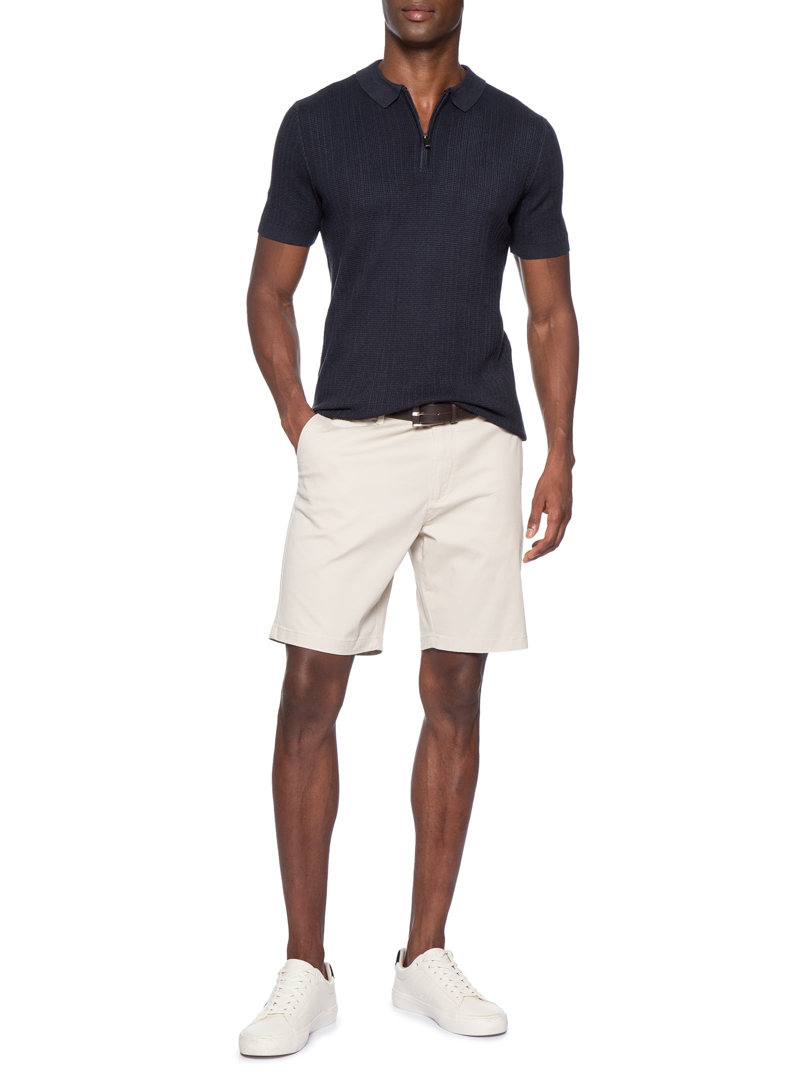 Polo Masculina Em Tricot Com Meio Zíper Azul '2 Essential