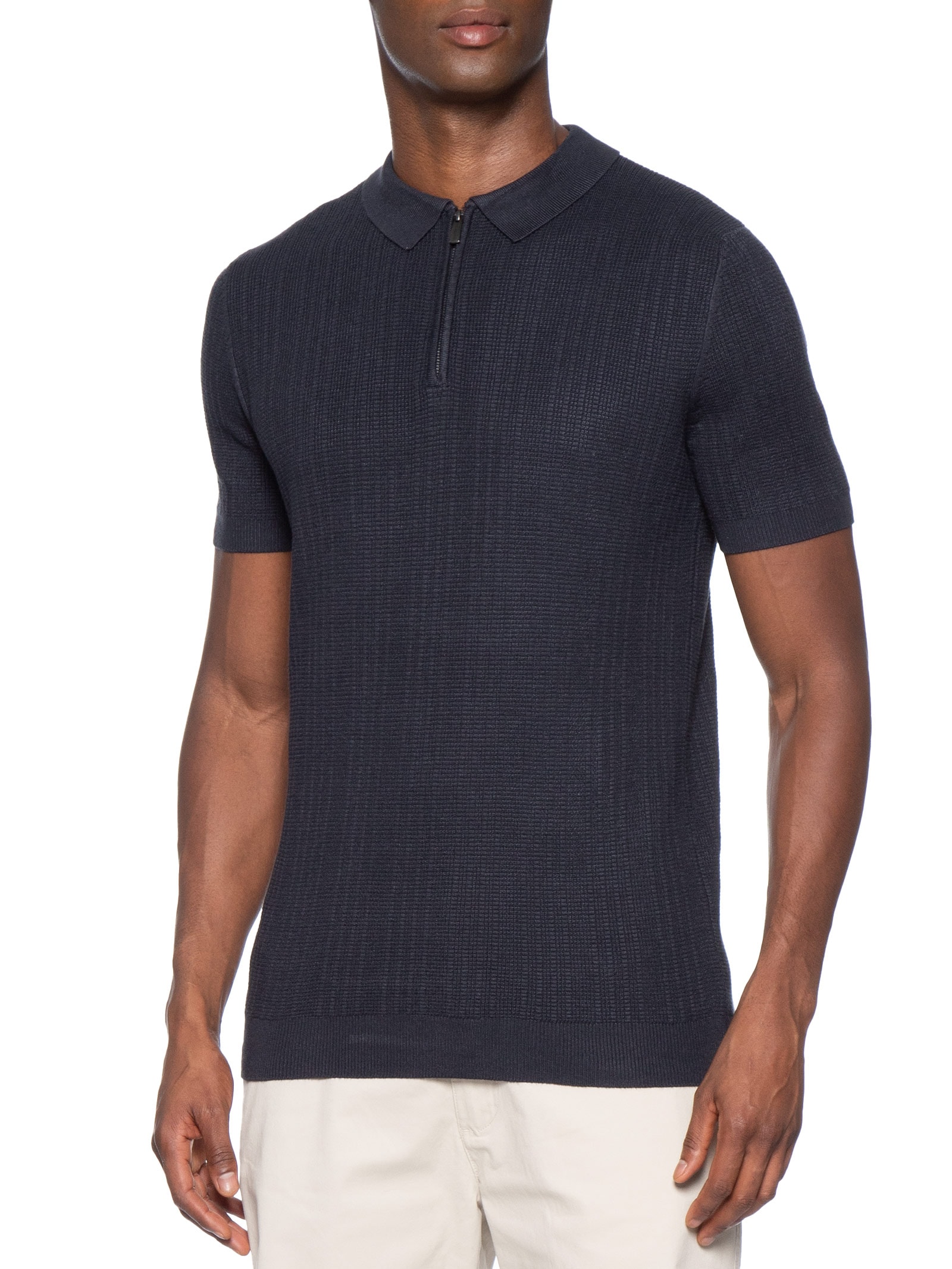 Polo Masculina Em Tricot Com Meio Zíper Azul '2 Essential