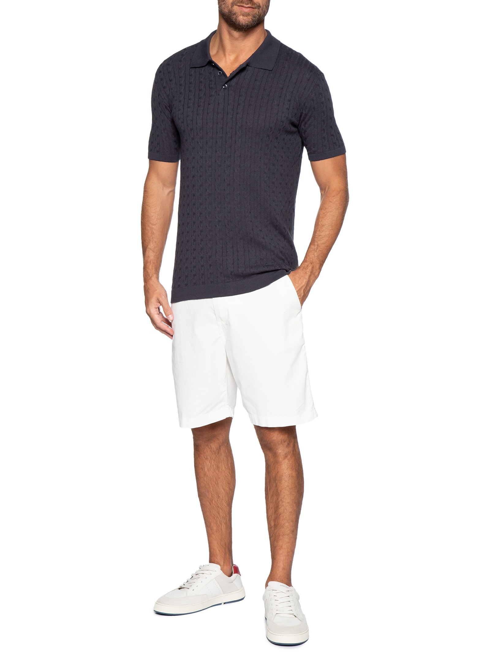 Polo Masculina em Tricot Trançado – Azul Pineapple