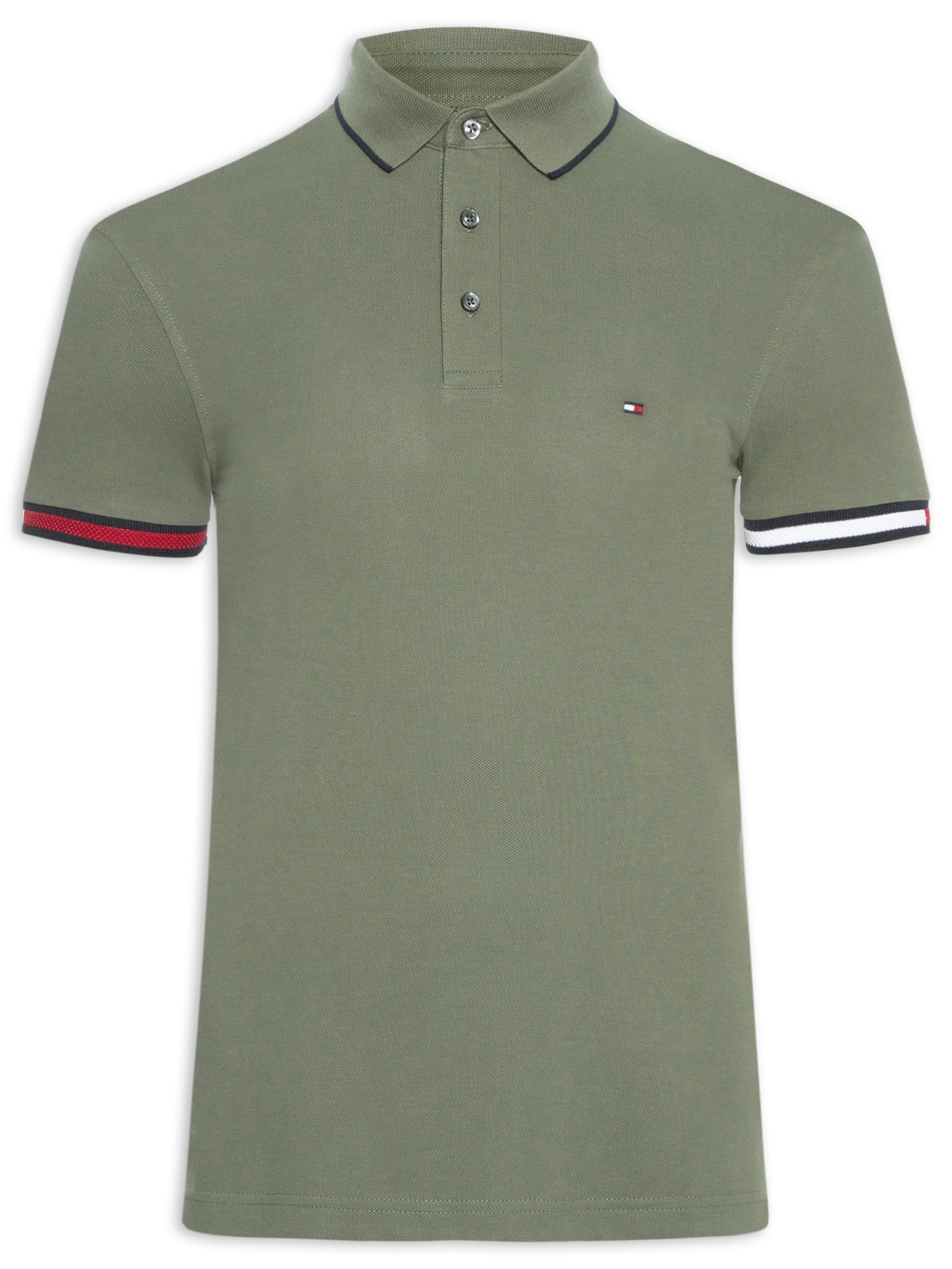 Polo Masculina Flag Cuff Slim Fit Em Algodão Orgânico Verde Tommy Hilfiger