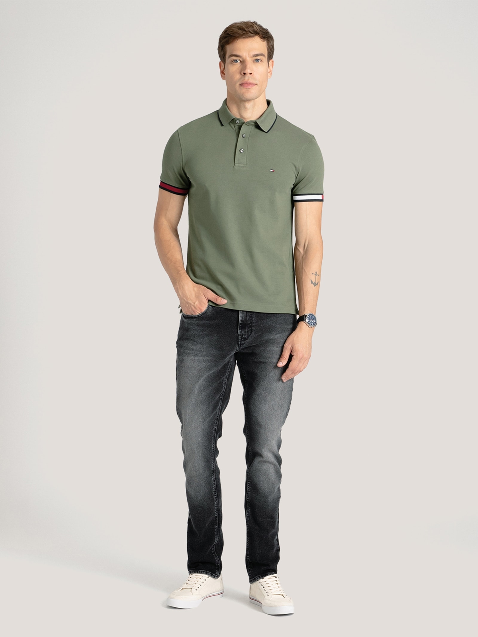 Polo Masculina Flag Cuff Slim Fit Em Algodão Orgânico Verde Tommy Hilfiger