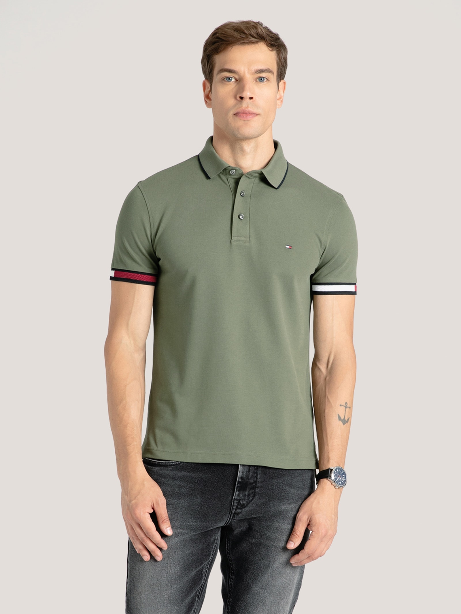 Polo Masculina Flag Cuff Slim Fit Em Algodão Orgânico Verde Tommy Hilfiger