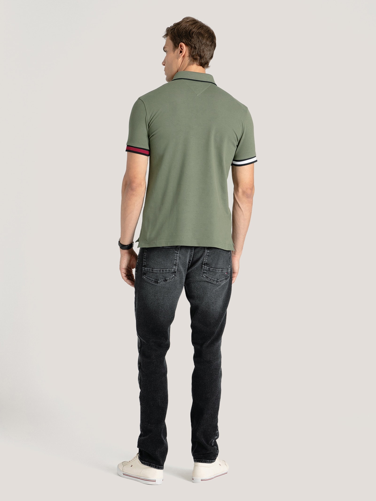 Polo Masculina Flag Cuff Slim Fit Em Algodão Orgânico Verde Tommy Hilfiger