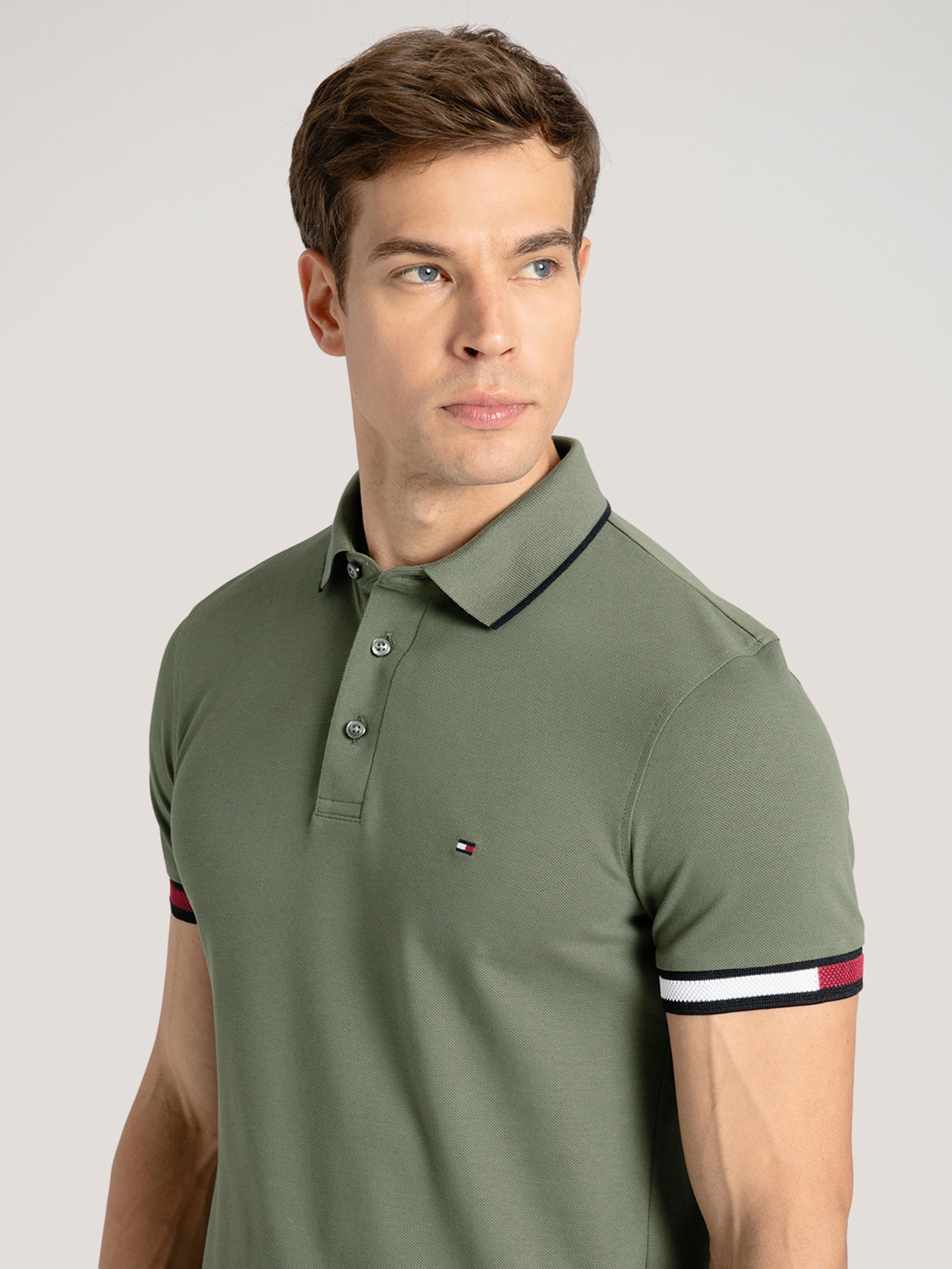 Polo Masculina Flag Cuff Slim Fit Em Algodão Orgânico Verde Tommy Hilfiger