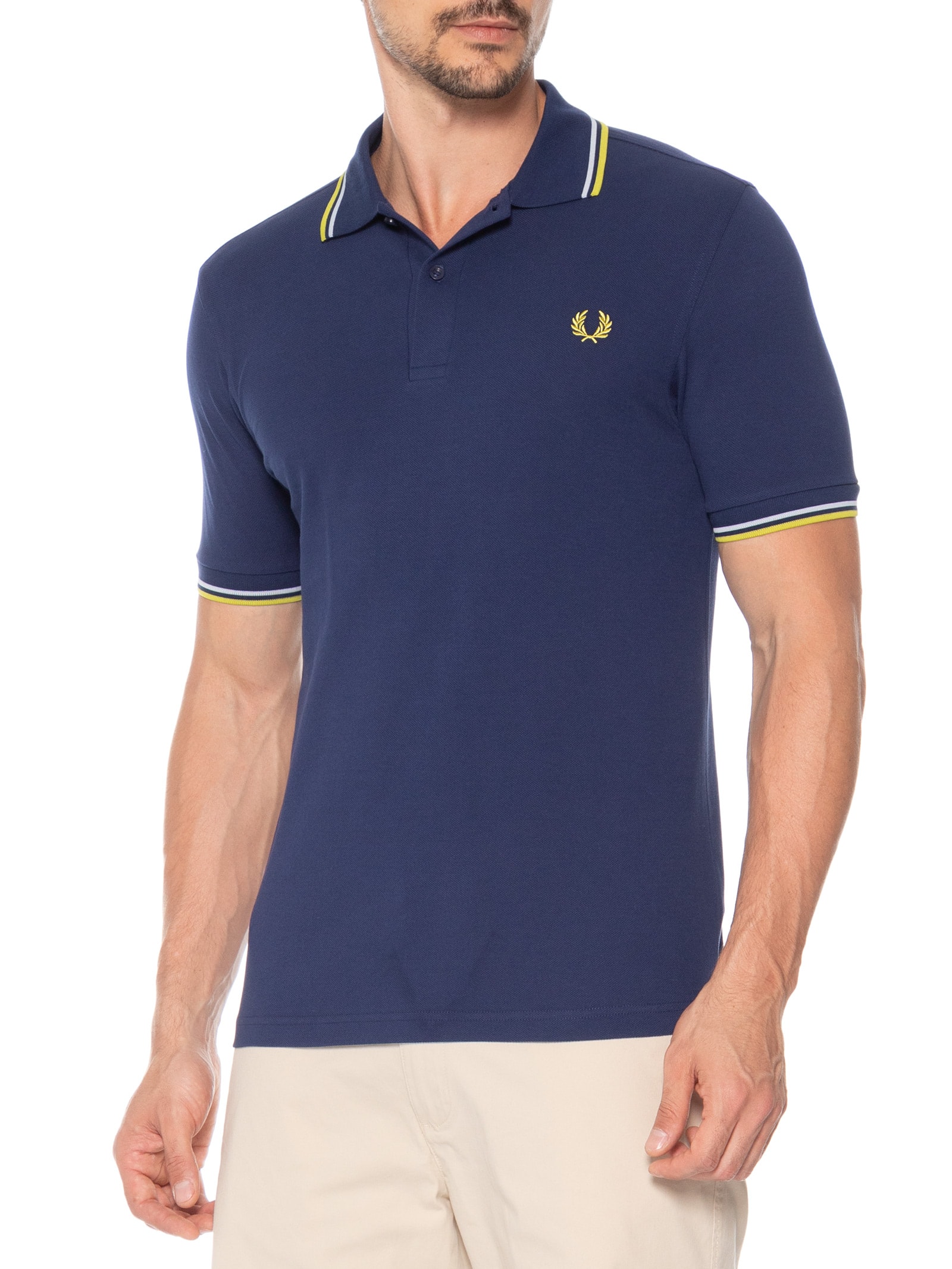 Polo Masculina Friso Duplo Regular Fit Em Piquet De Algodão Azul Fred Perry