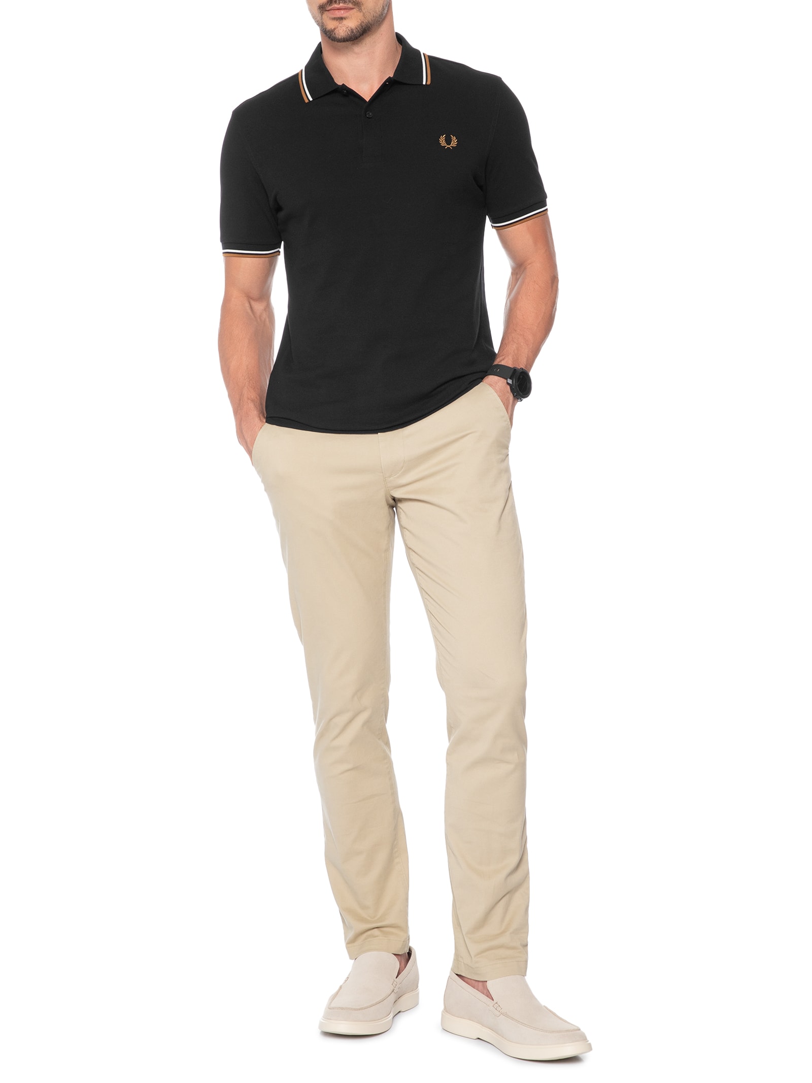 Polo Masculina Friso Duplo Regular Fit Em Piquet De Algodão Preto Fred Perry