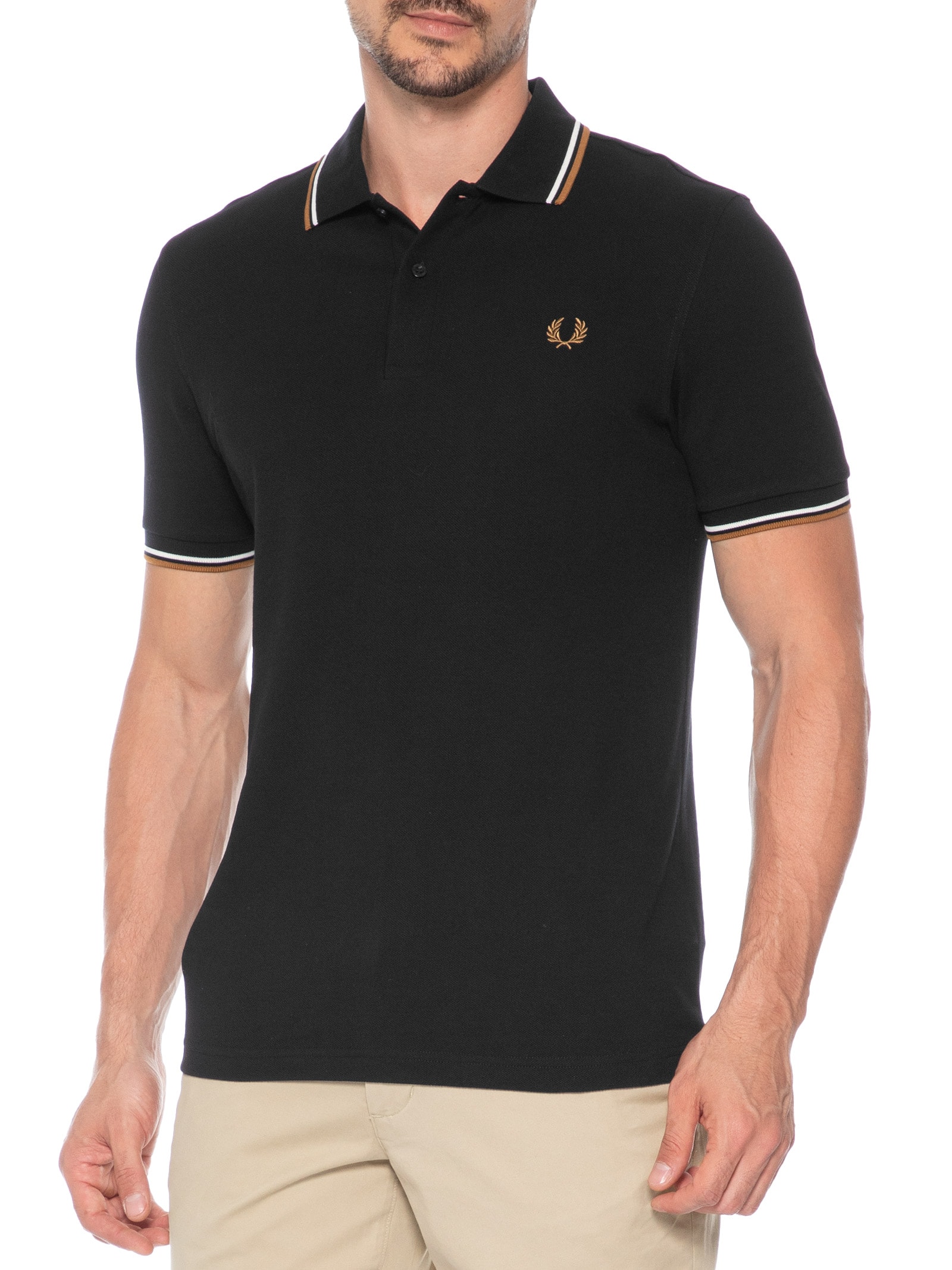 Polo Masculina Friso Duplo Regular Fit Em Piquet De Algodão Preto Fred Perry