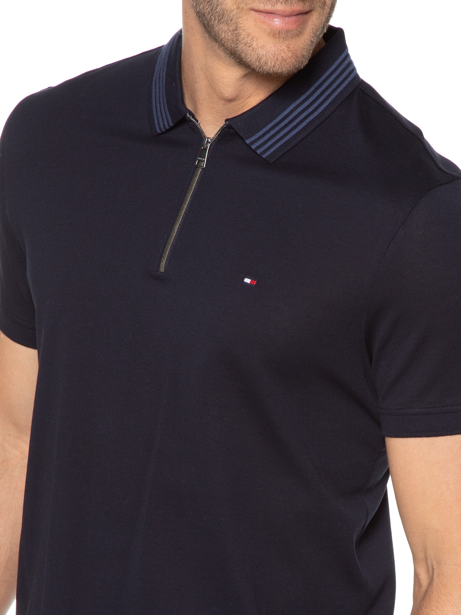 Tommy Hilfiger - Polo Masculina Half Zip Regular Fit Em Piquet De