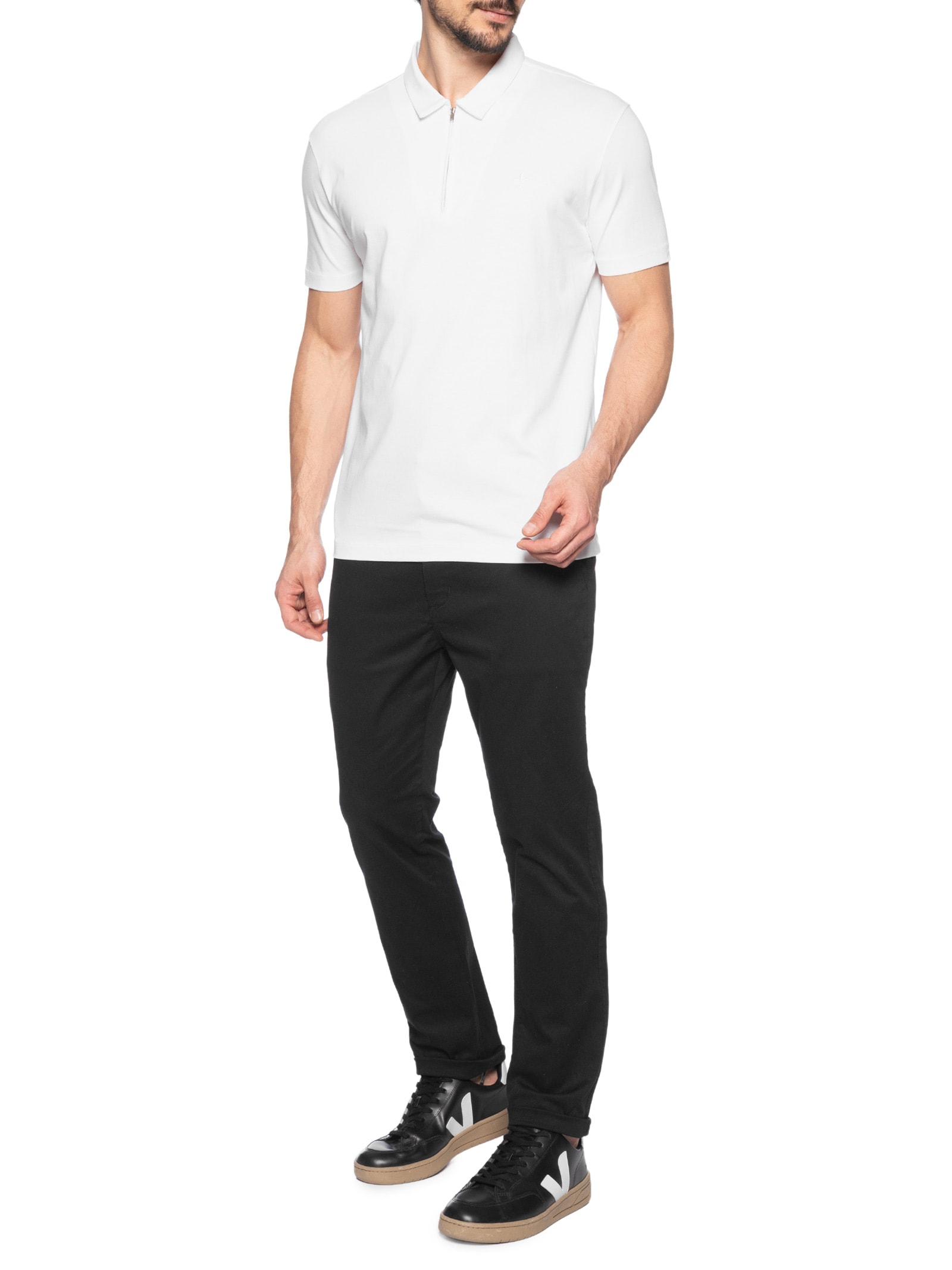 Dudalina - Polo Masculina Half Zip Ultrasoft Algodão - Branco