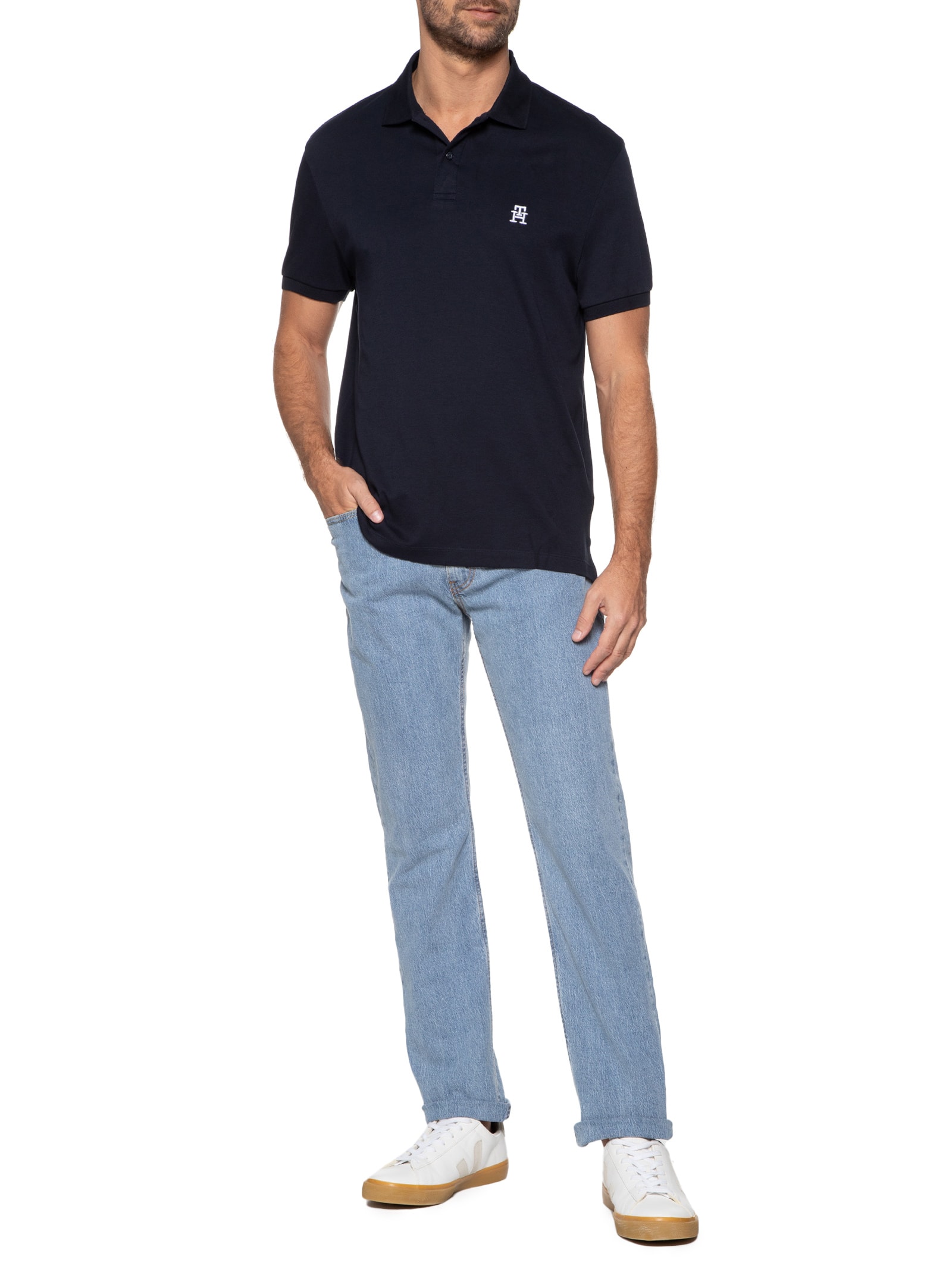 Polo Masculina Imd Interlock Reg Azul Tommy Hilfiger