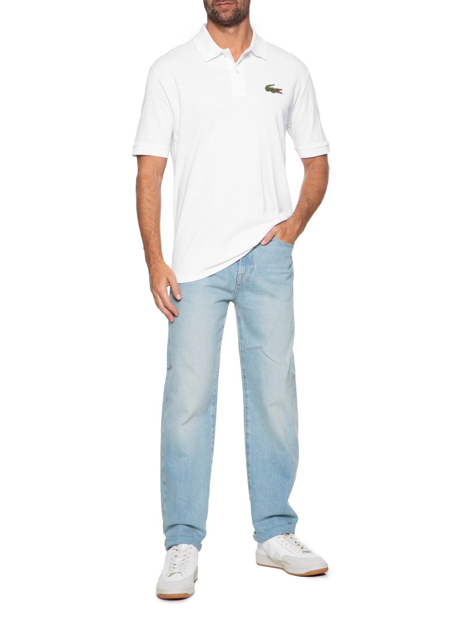 Polo Masculina Loose Fit Crocodilo Emblemático Em Piquet de Algodão Orgânico Branco Lacoste