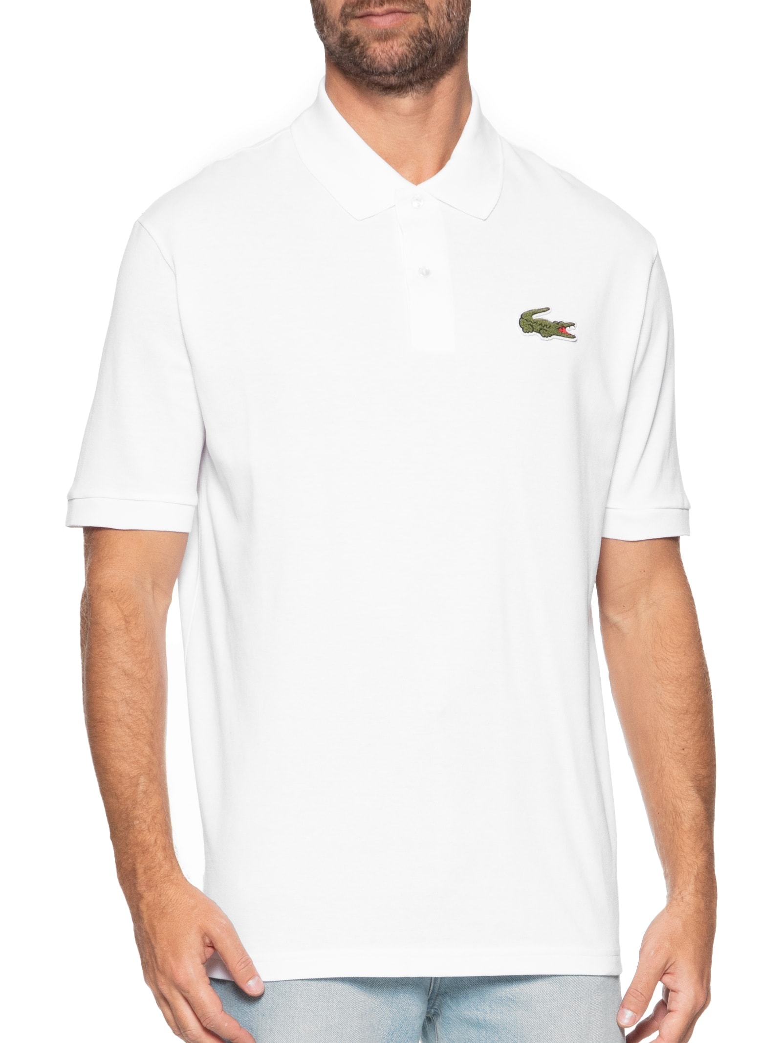Polo Masculina Loose Fit Crocodilo Emblemático Em Piquet de Algodão Orgânico Branco Lacoste