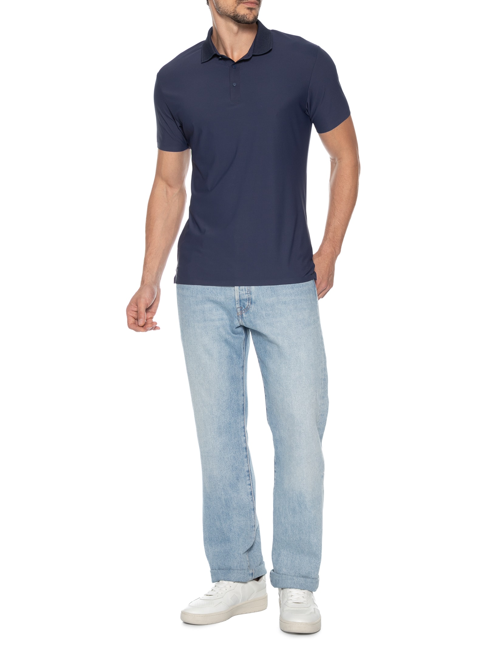 Polo Masculina Malha Sem Costura Azul Basiq Men