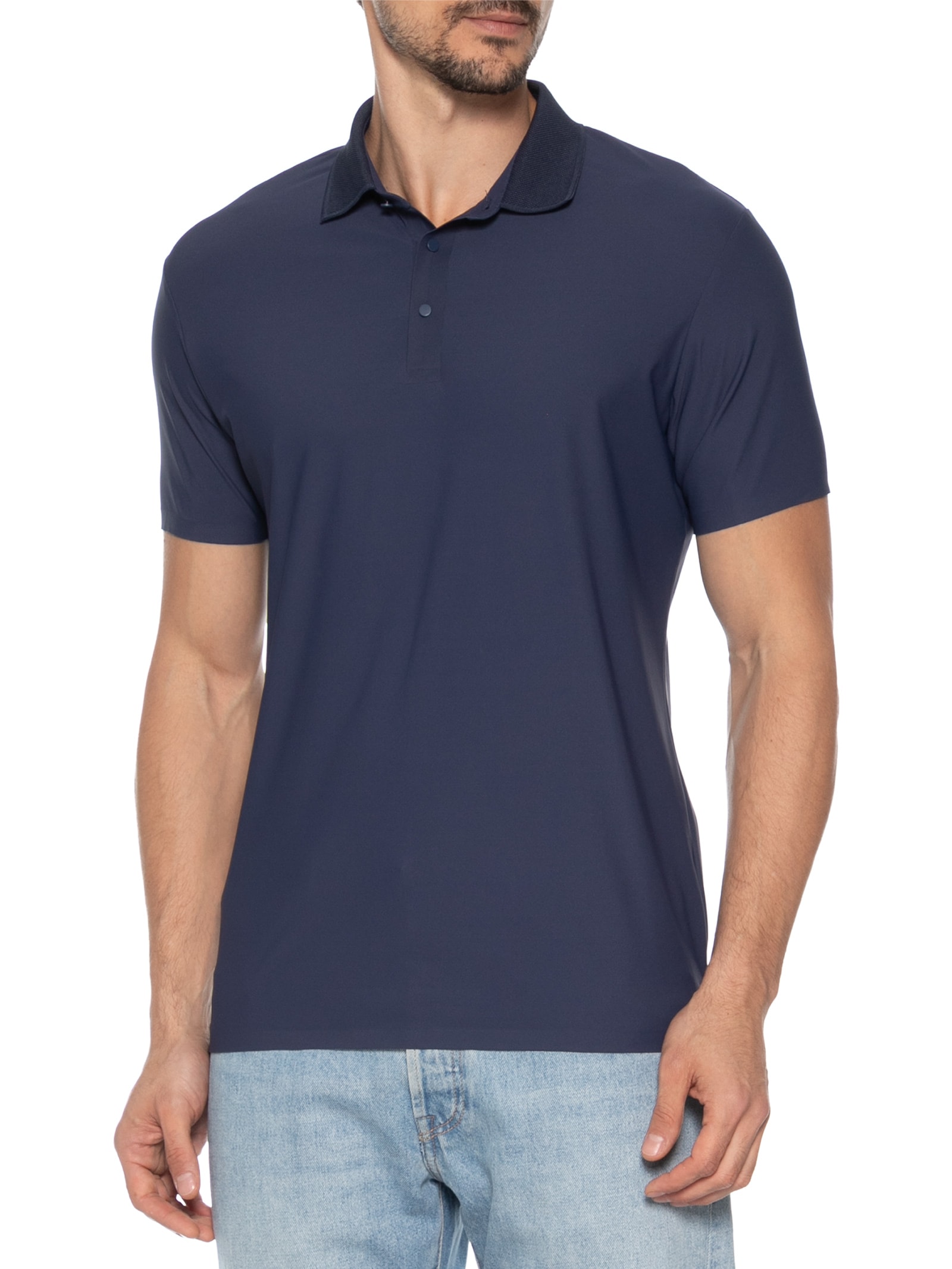Polo Masculina Malha Sem Costura Azul Basiq Men