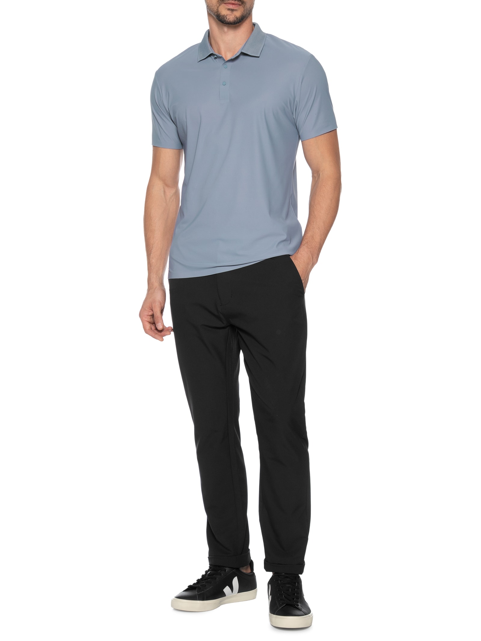 Polo Masculina Malha Sem Costura Cinza Basiq Men