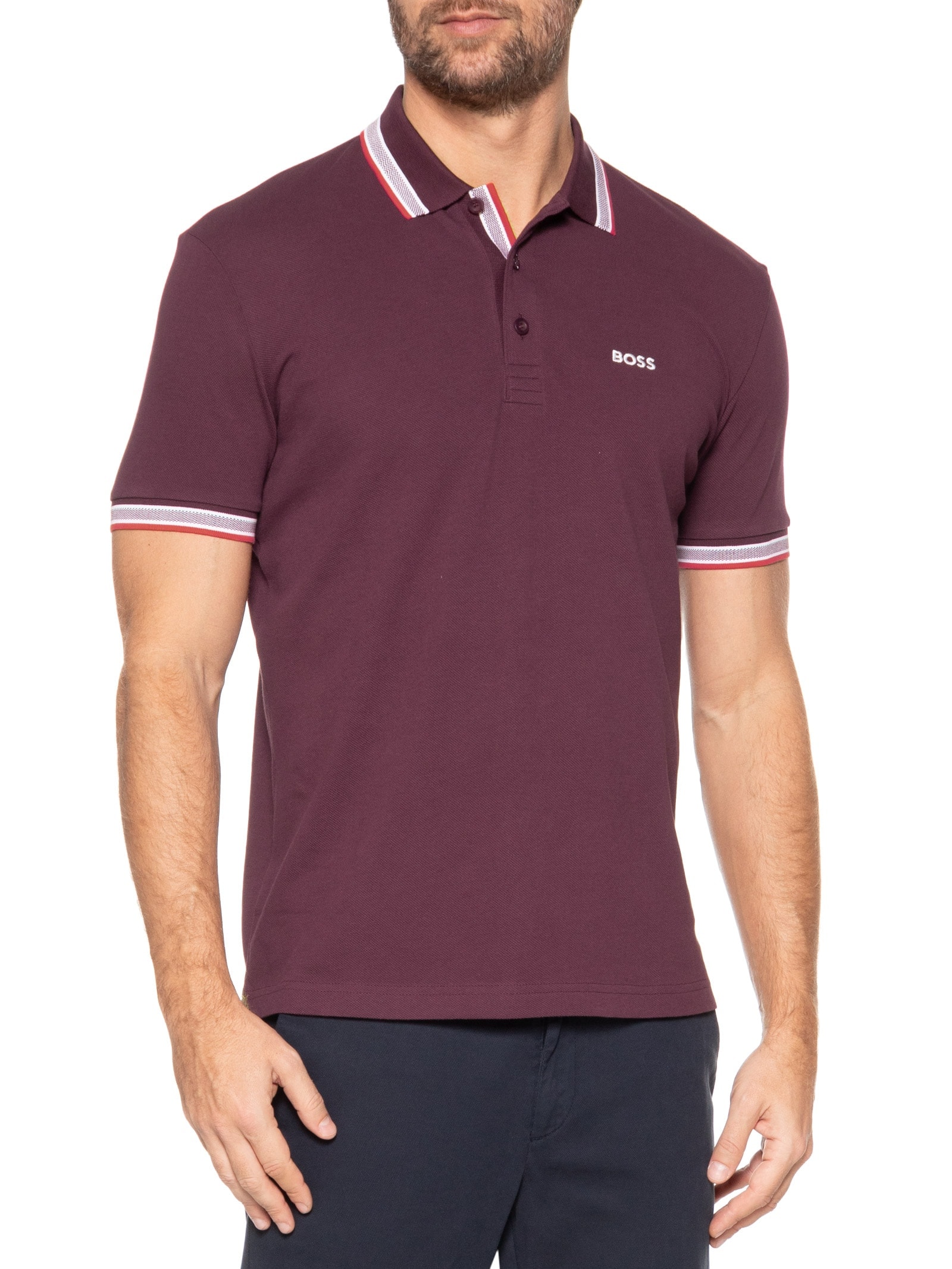 Polo Masculina Manga Curta com Friso Paddy Vinho Boss