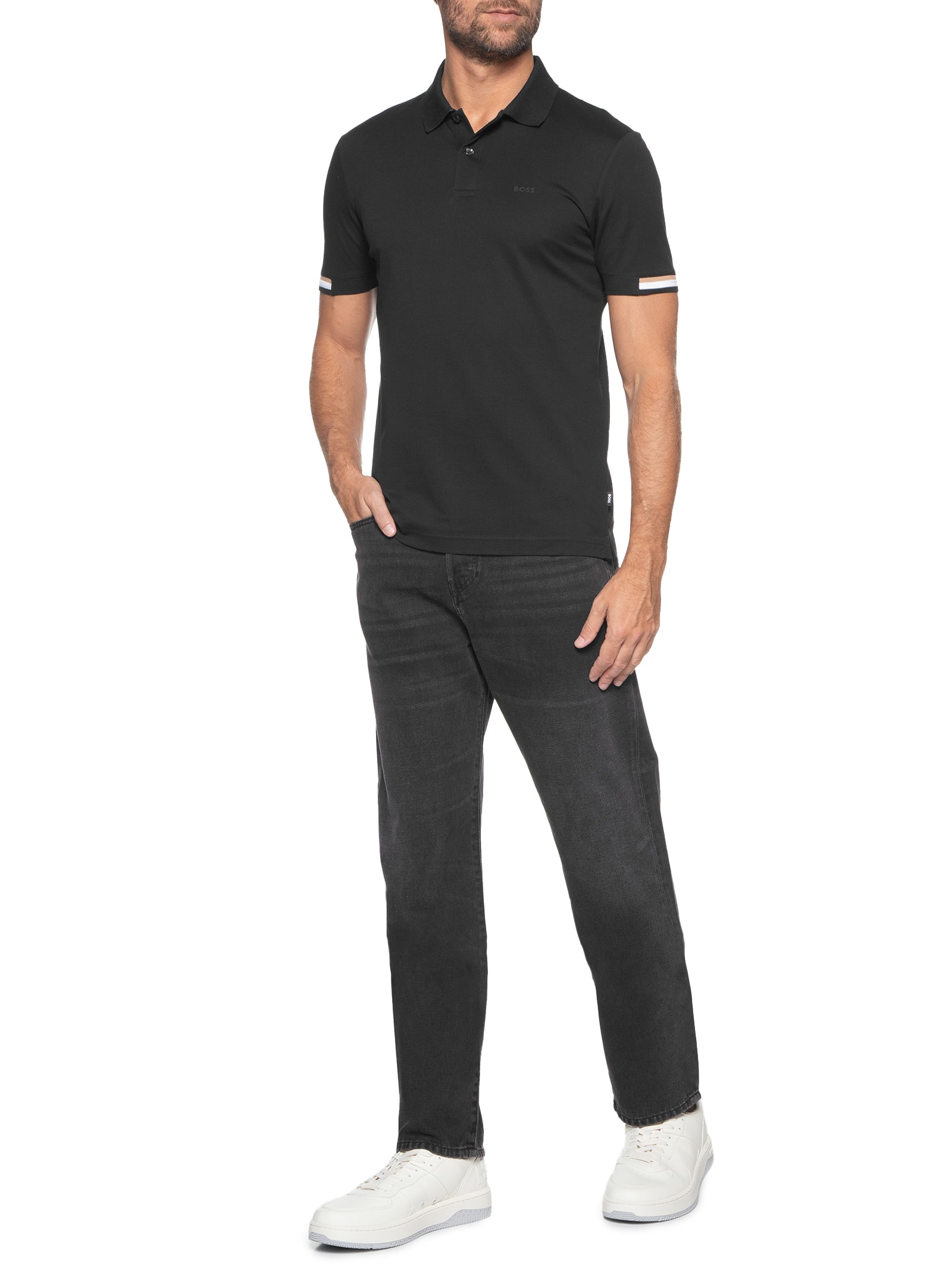 Polo Masculina Manga Curta com Friso Parlay 147 Preto Boss