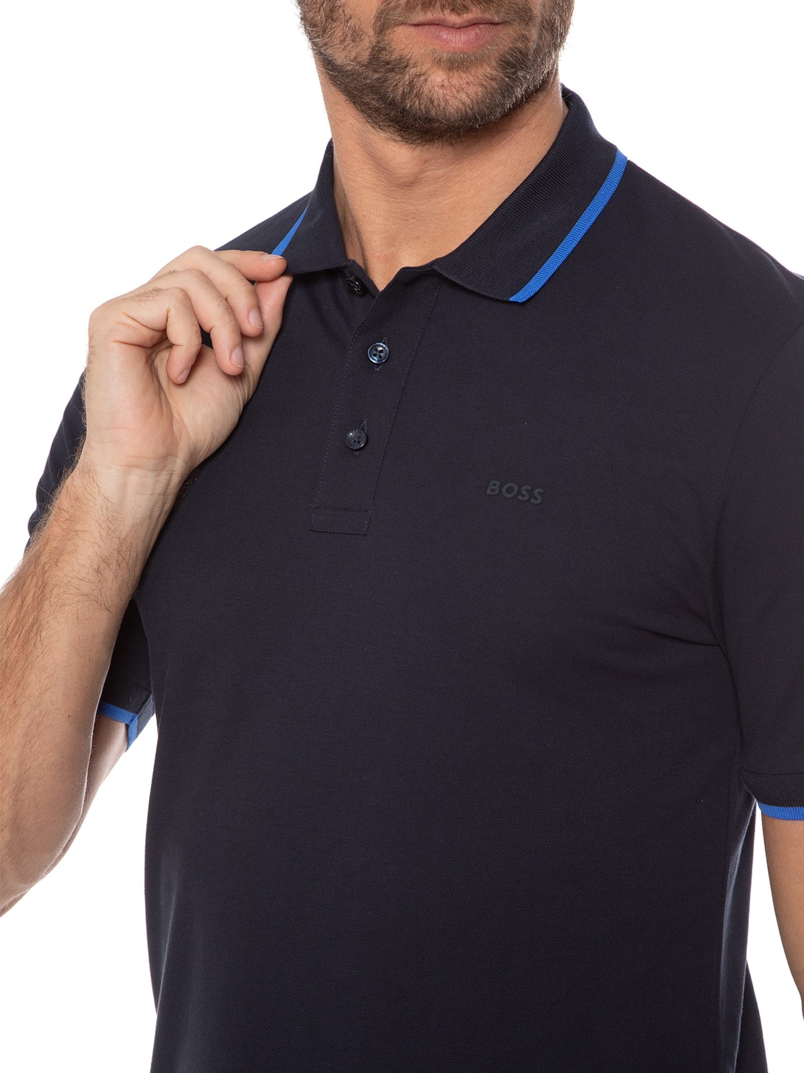 Polo Masculina Manga Curta com Friso Parlay Azul Boss