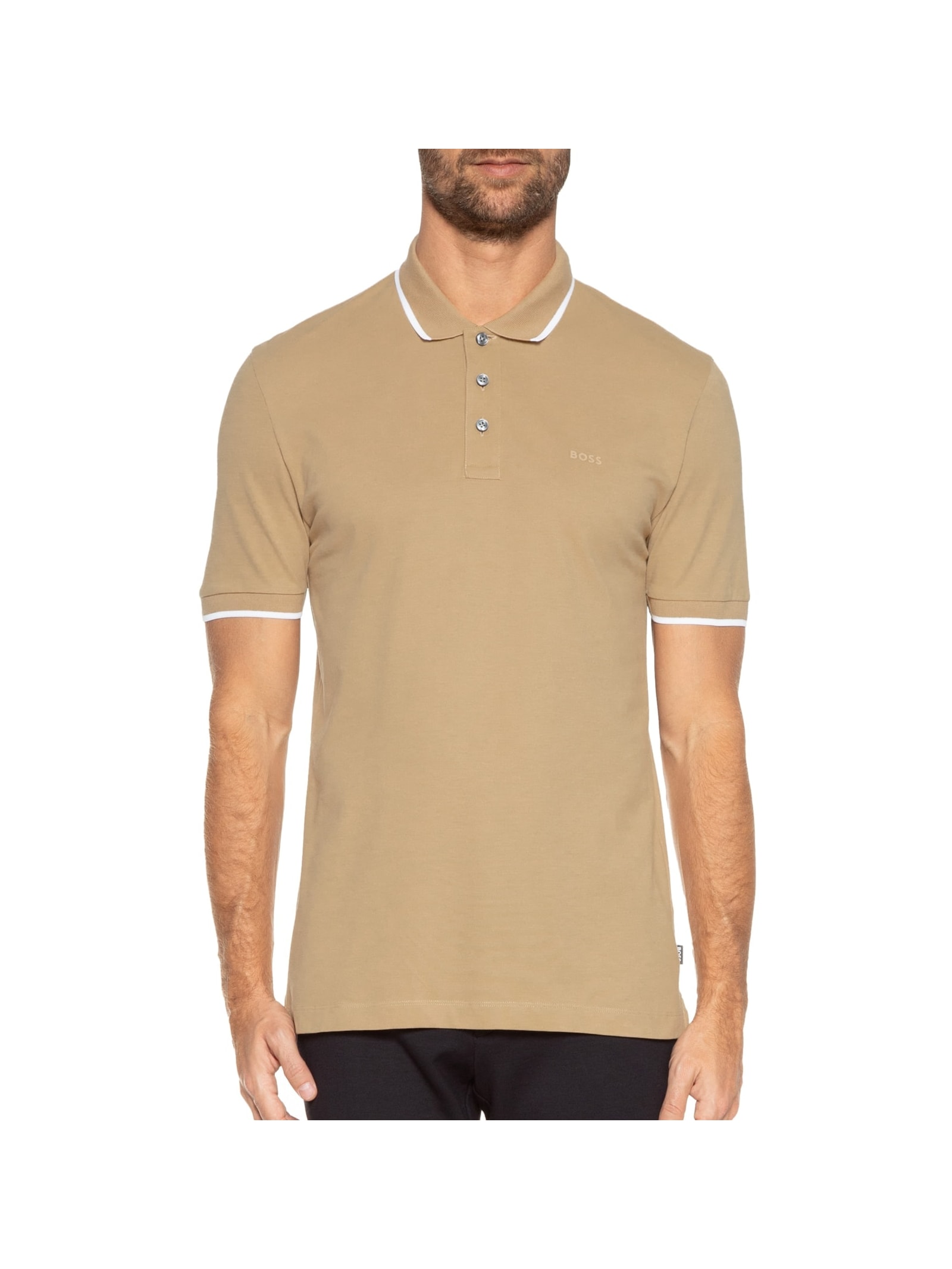 Polo Masculina Manga Curta com Friso Parlay  Bege Boss