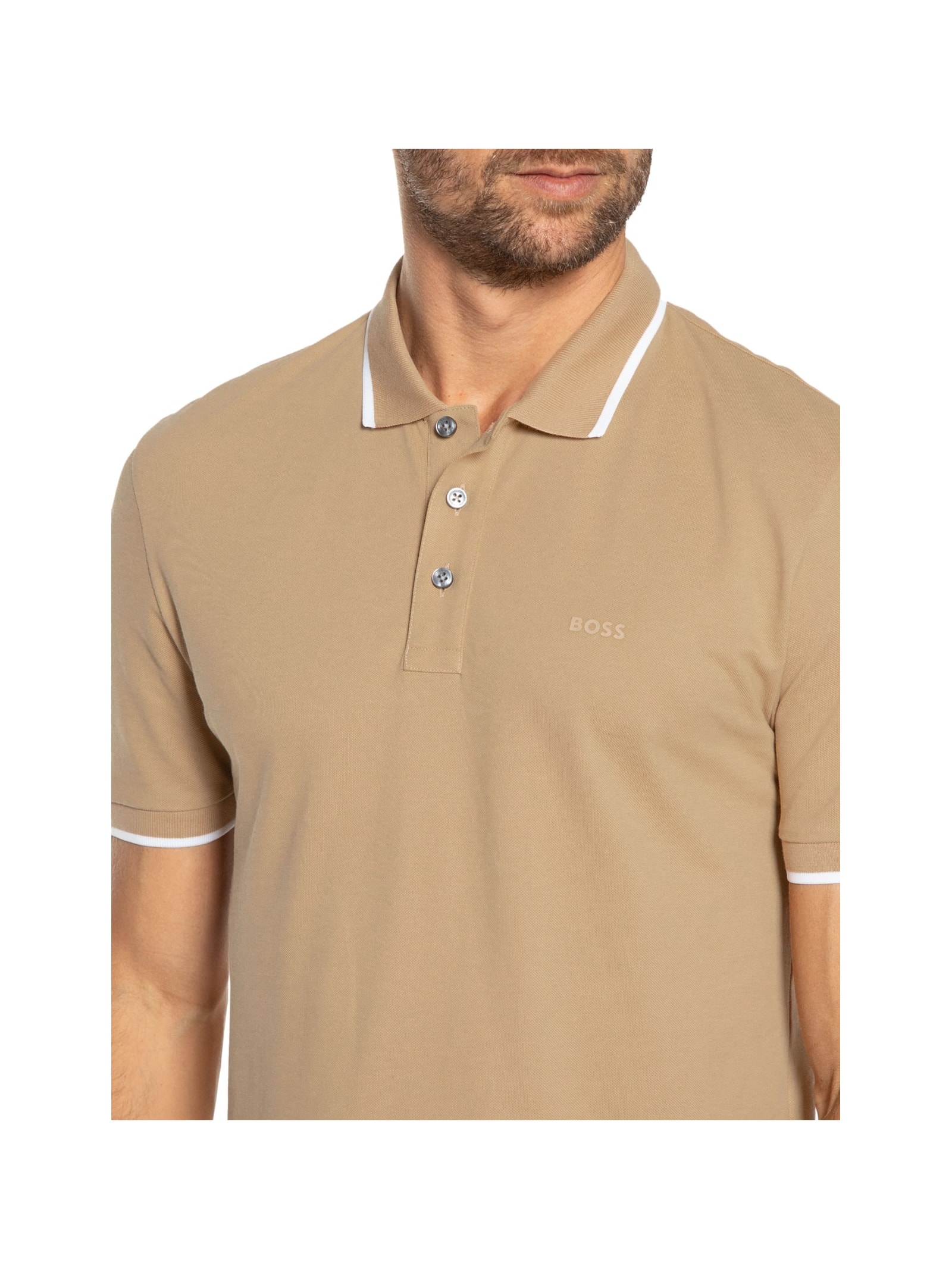 Polo Masculina Manga Curta com Friso Parlay  Bege Boss