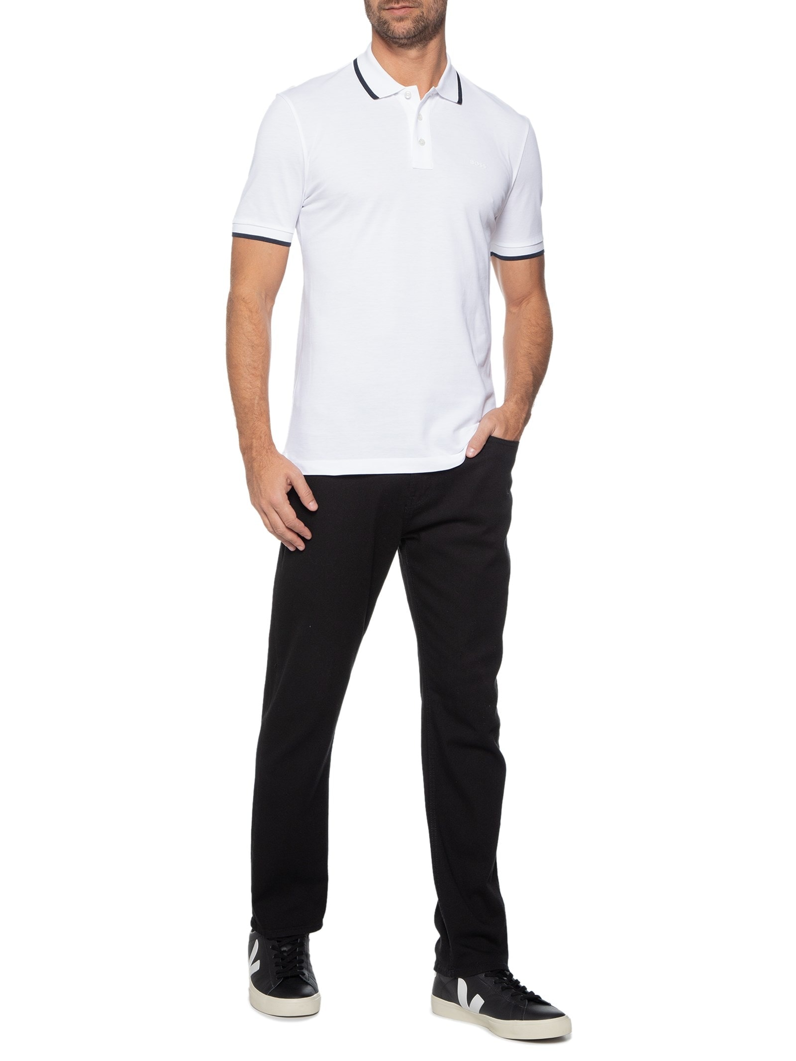 Polo Masculina Manga Curta com Friso Parlay Branco Boss