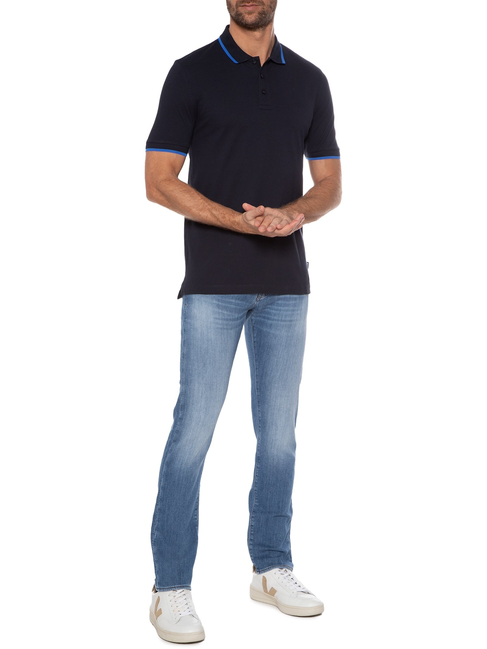 Polo Masculina Manga Curta com Friso Parlay Regular fit  Azul Boss