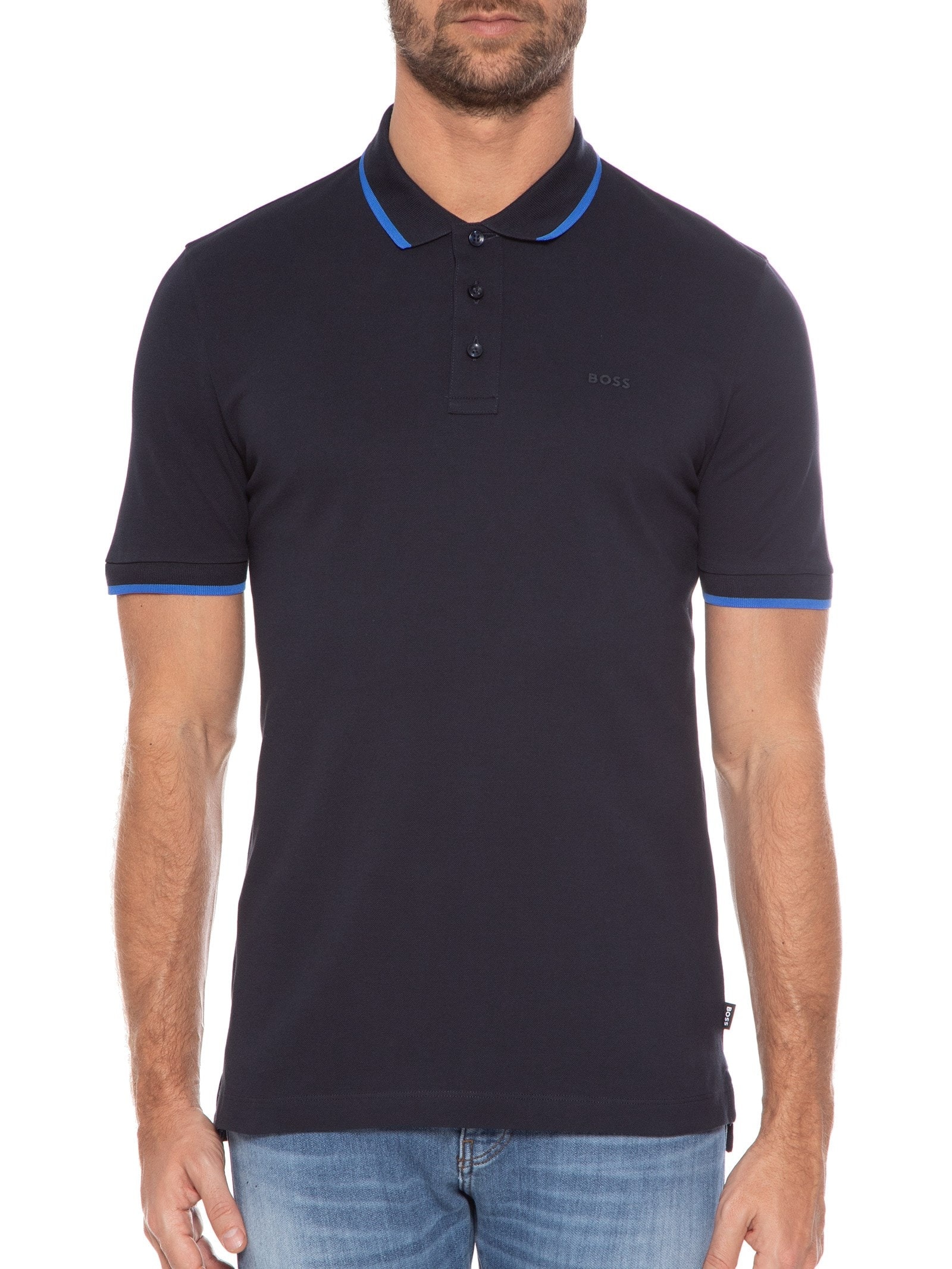 Polo Masculina Manga Curta com Friso Parlay Regular fit  Azul Boss
