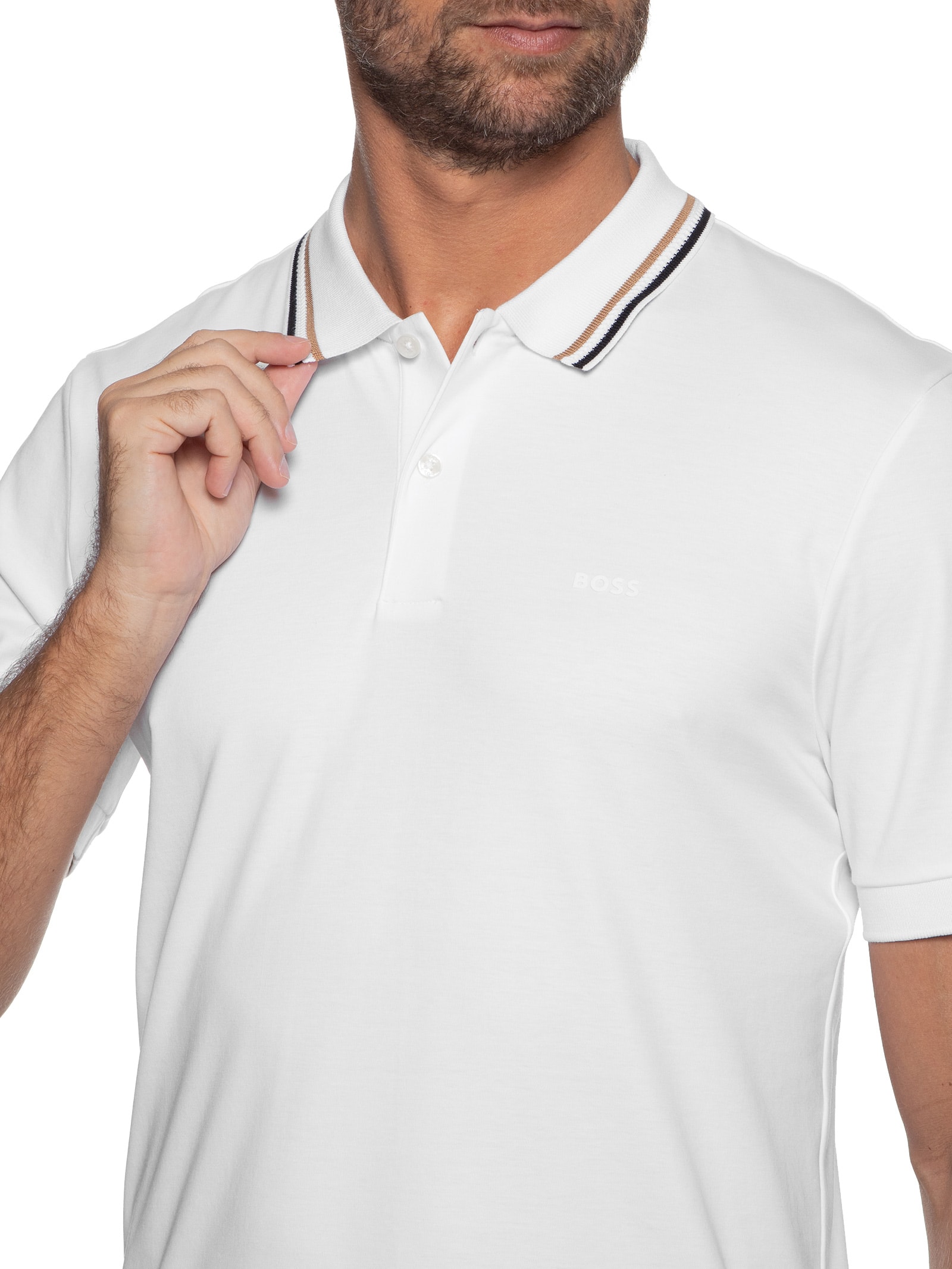 Polo Masculina Manga Curta com Friso Penrose Branco Boss