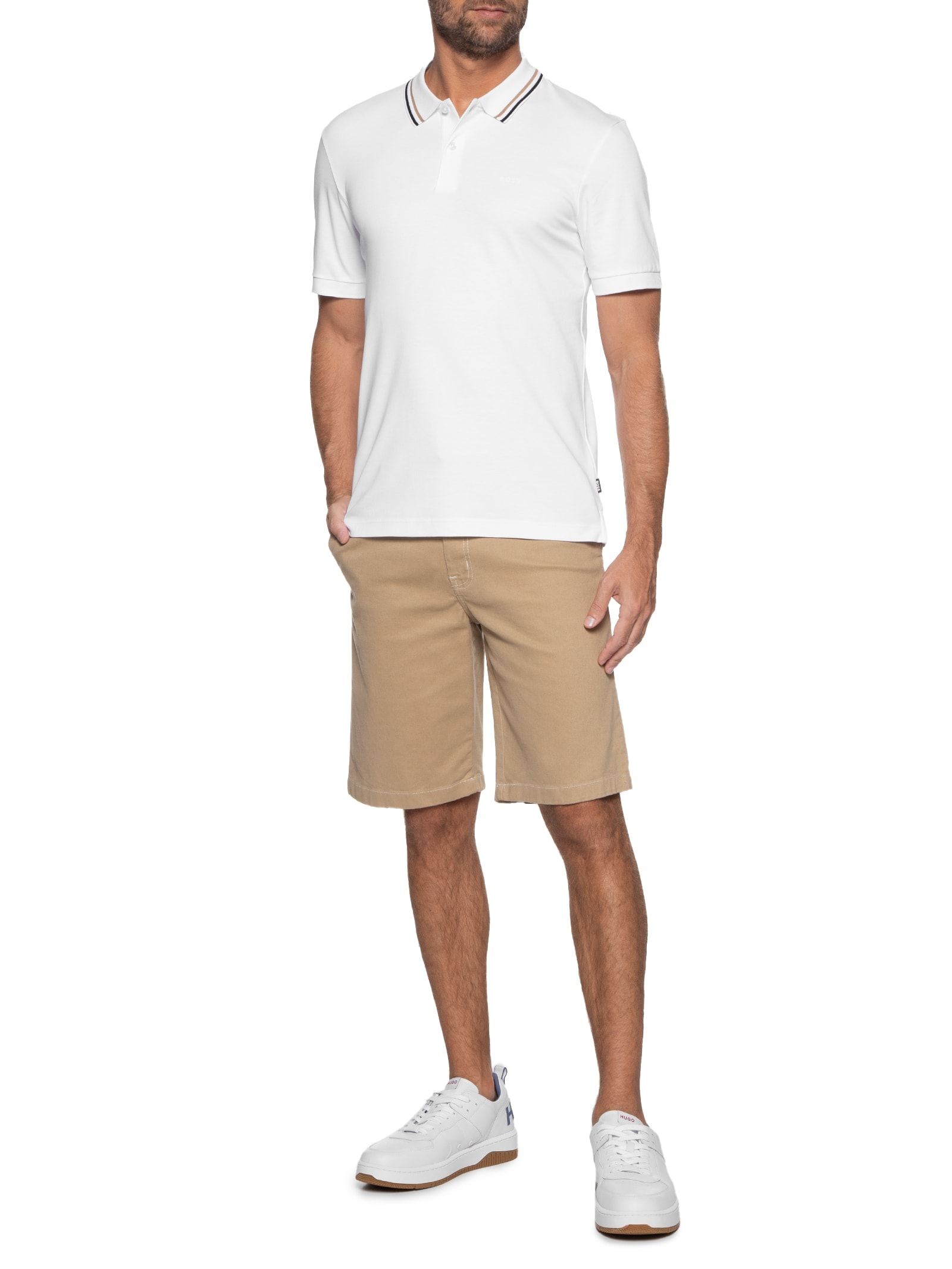 Polo Masculina Manga Curta com Friso Penrose Branco Boss