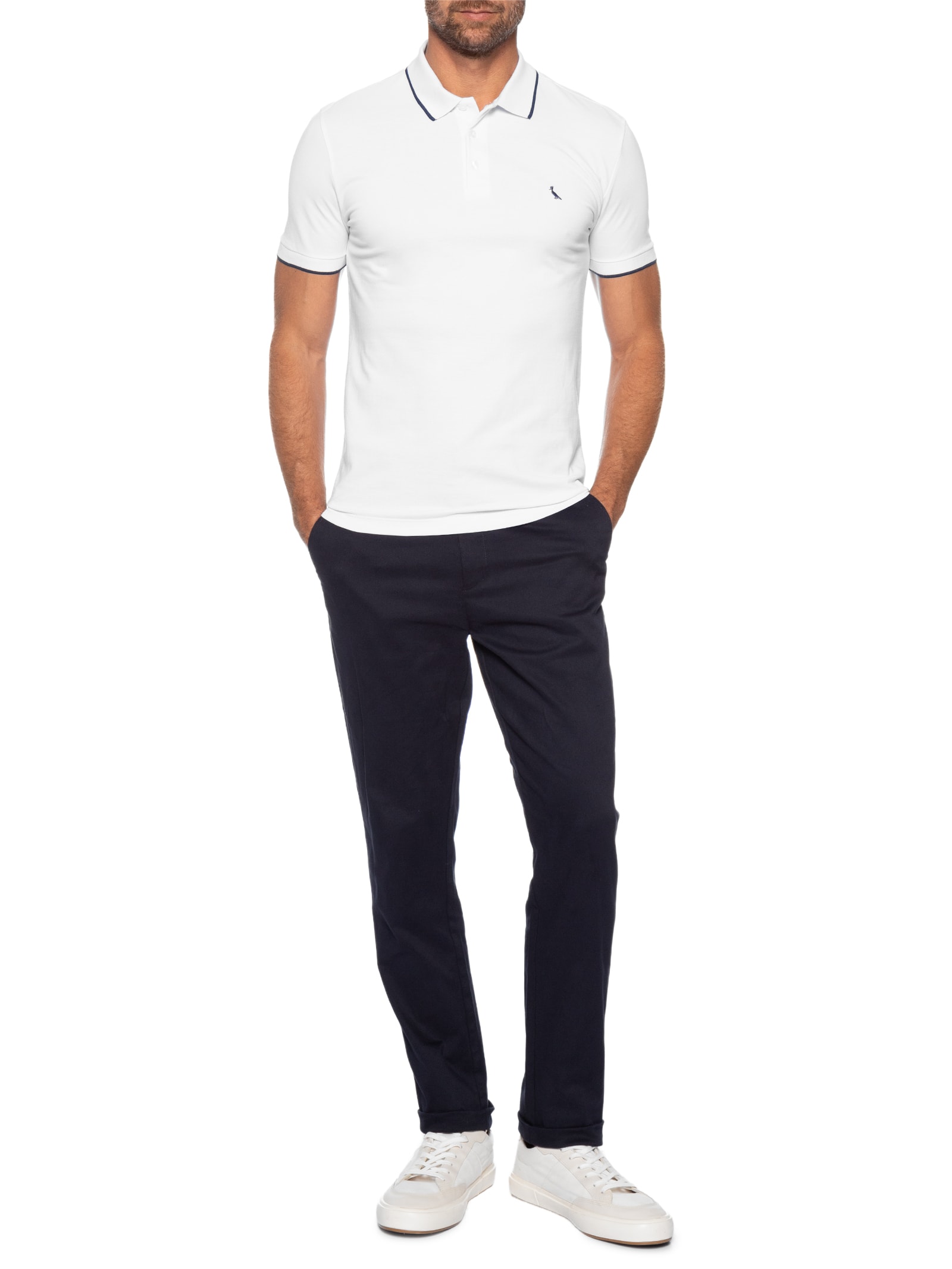 Polo Masculina Manga Curta Exuto Friso Único Branco Reserva