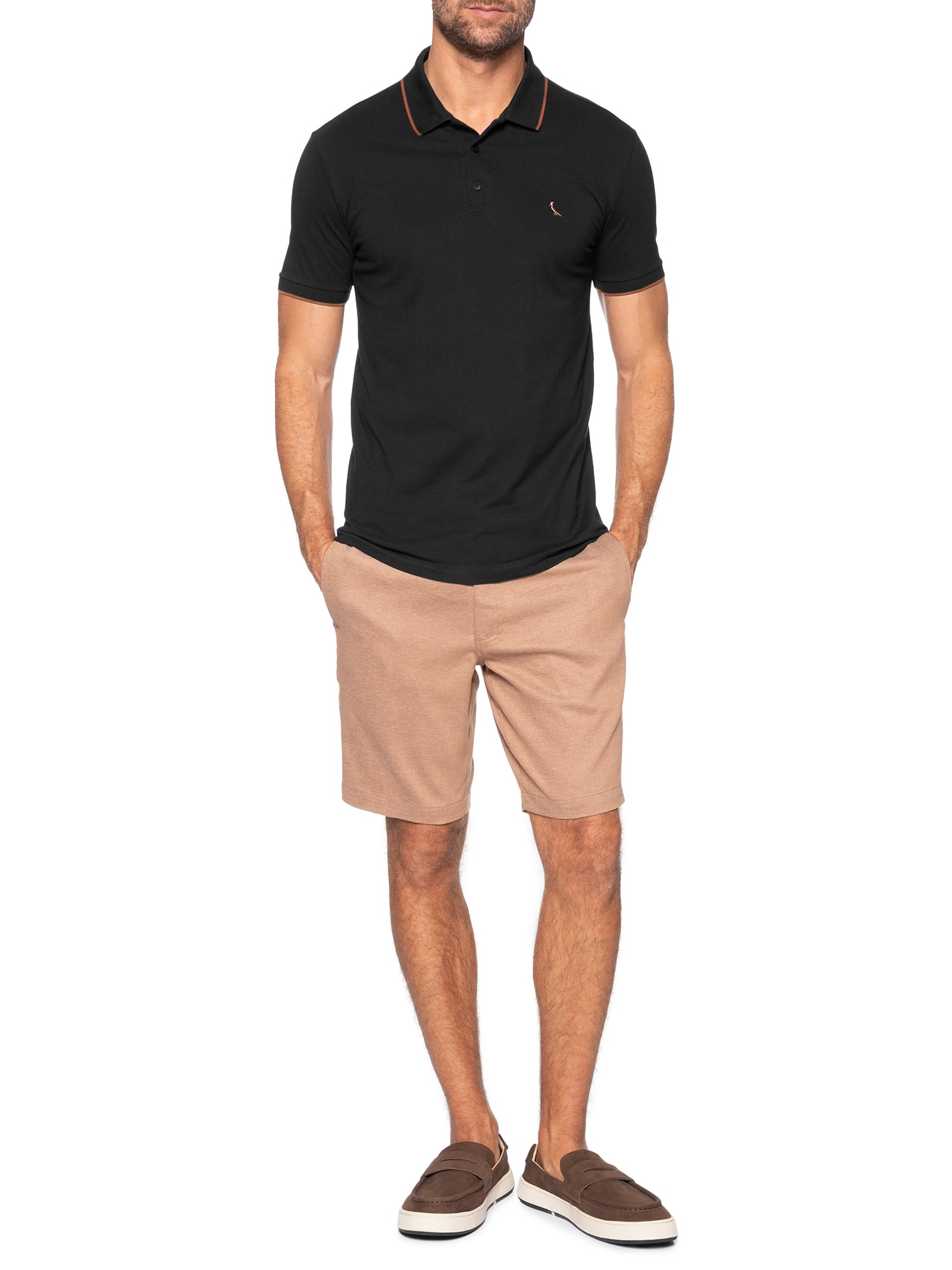 Polo Masculina Manga Curta Exuto Friso Único Preto Reserva