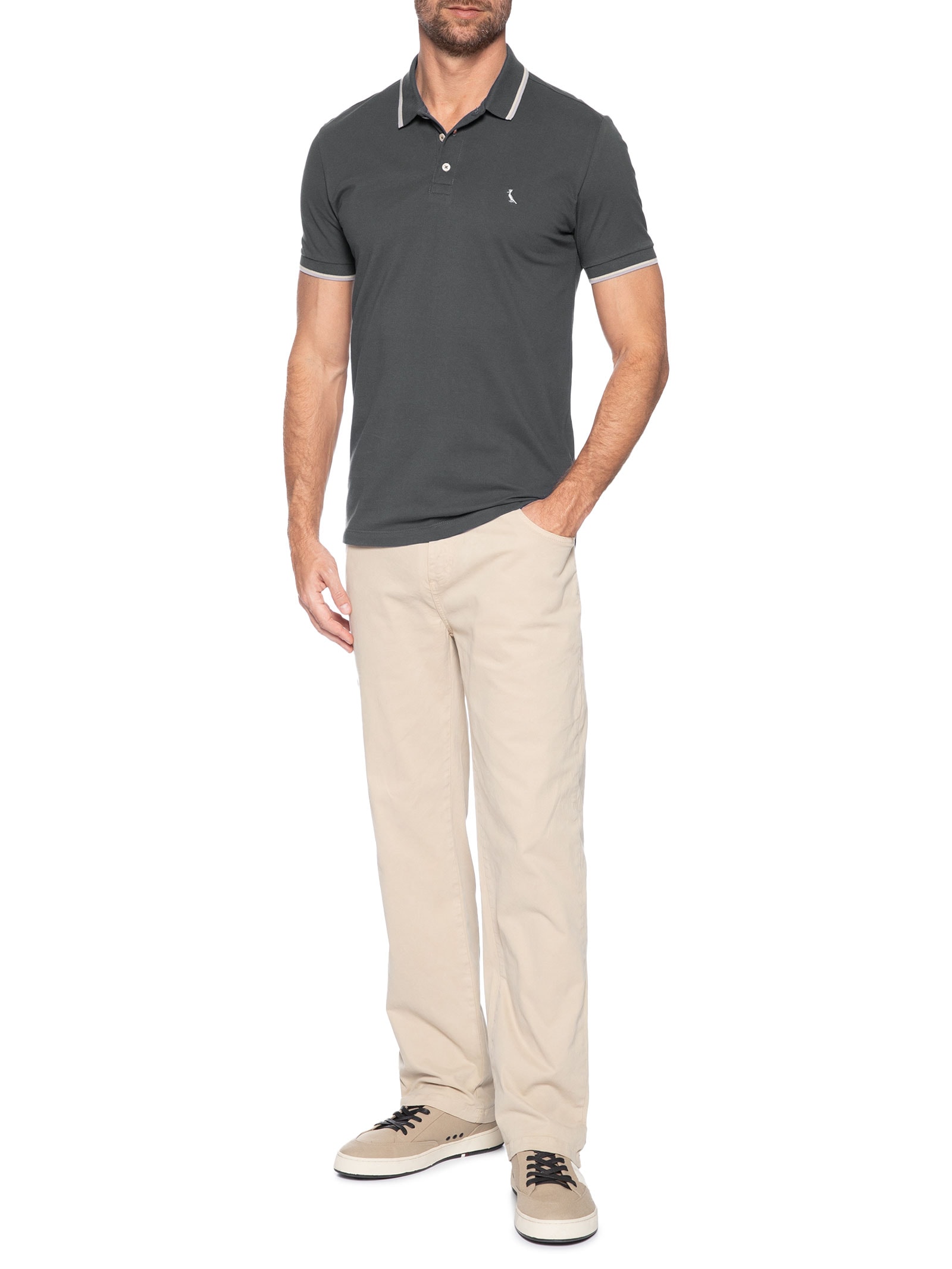Polo Masculina Manga Curta Friso Duplo Cinza Reserva