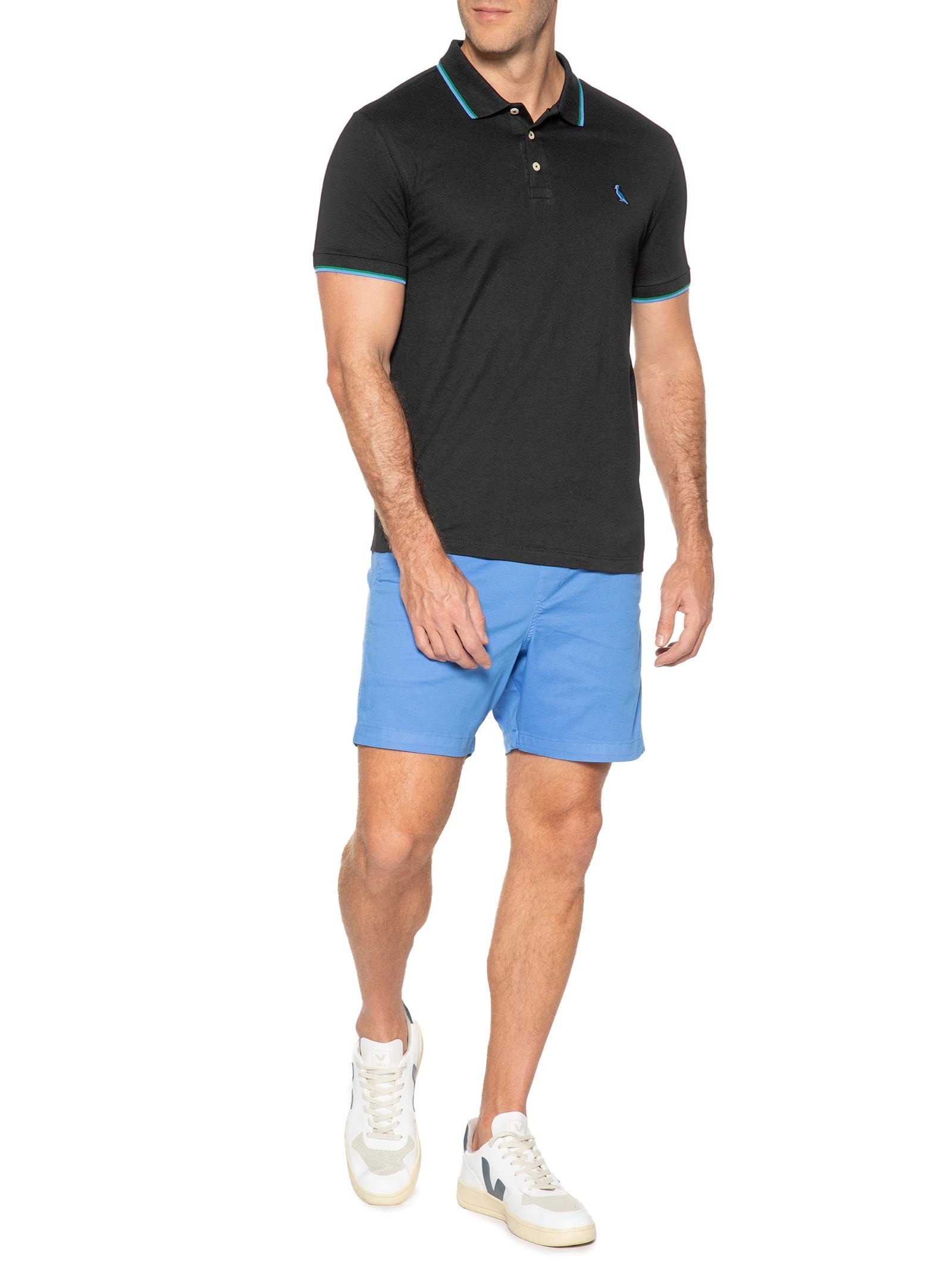 Pólo Masculina Manga Curta Friso Duplo Preto Reserva