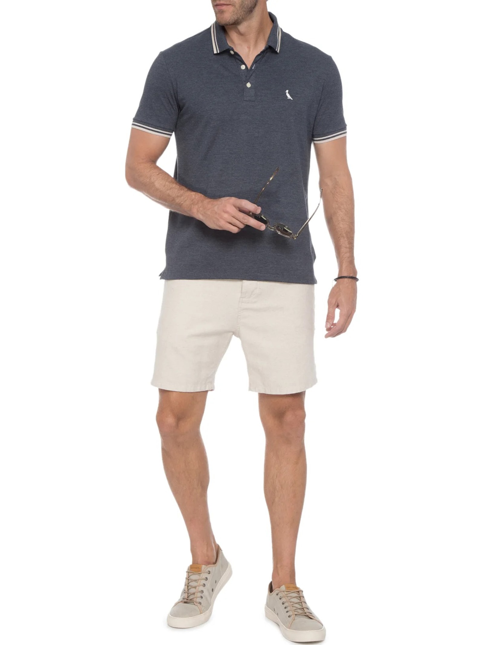 Polo Masculina Manga Curta  Friso Rajado Azul Reserva