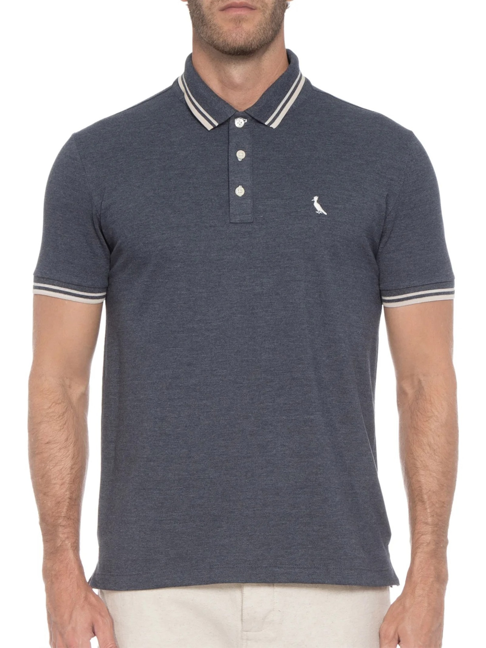 Polo Masculina Manga Curta  Friso Rajado Azul Reserva